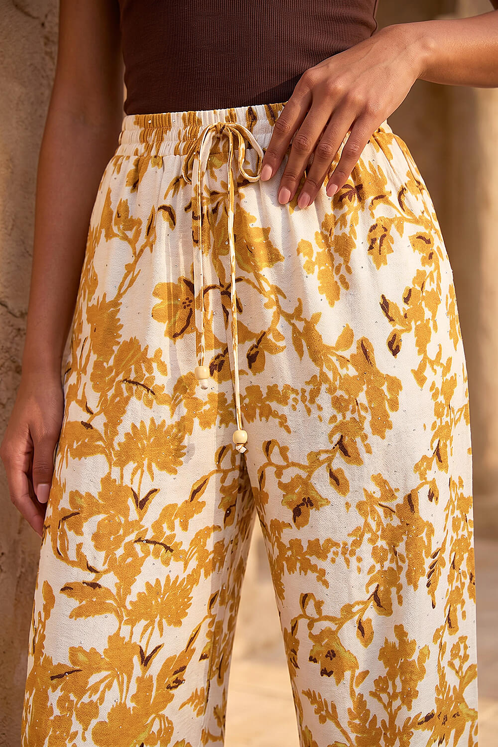 Ochre Floral Sparkle Tie Waist Trouser, Image 6 of 5