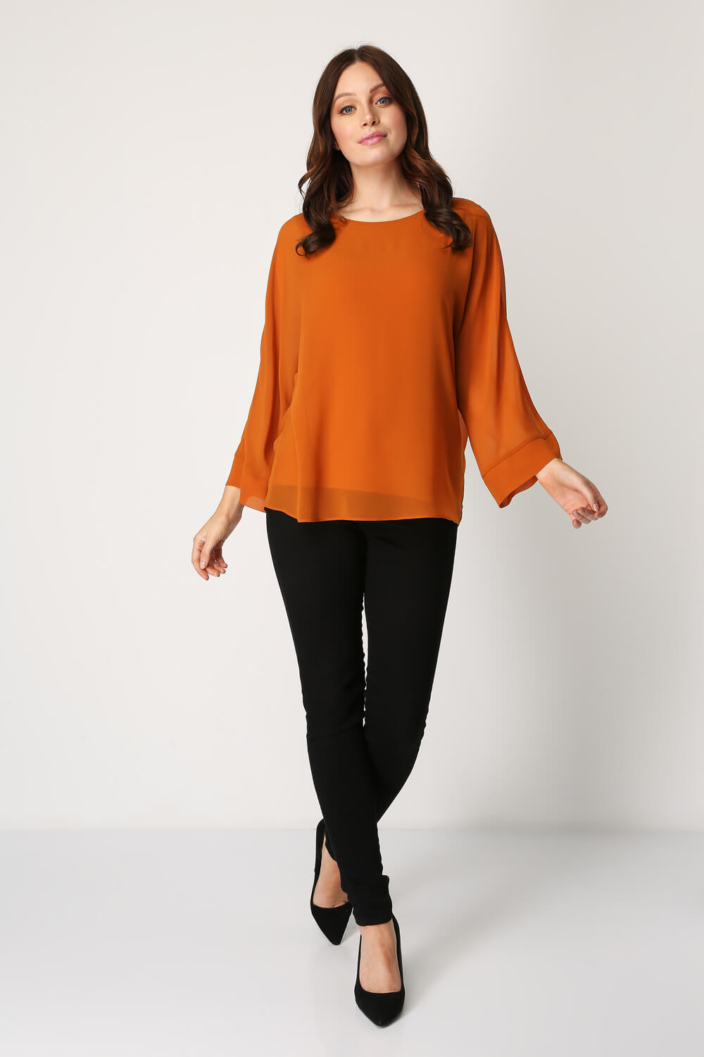 Copper Long Sleeve Overlay Chiffon Top, Image 3 of 4