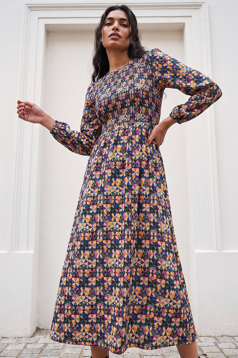 Roman Women's Mauve Geometric Print Shirred Midi Dress Size 10
