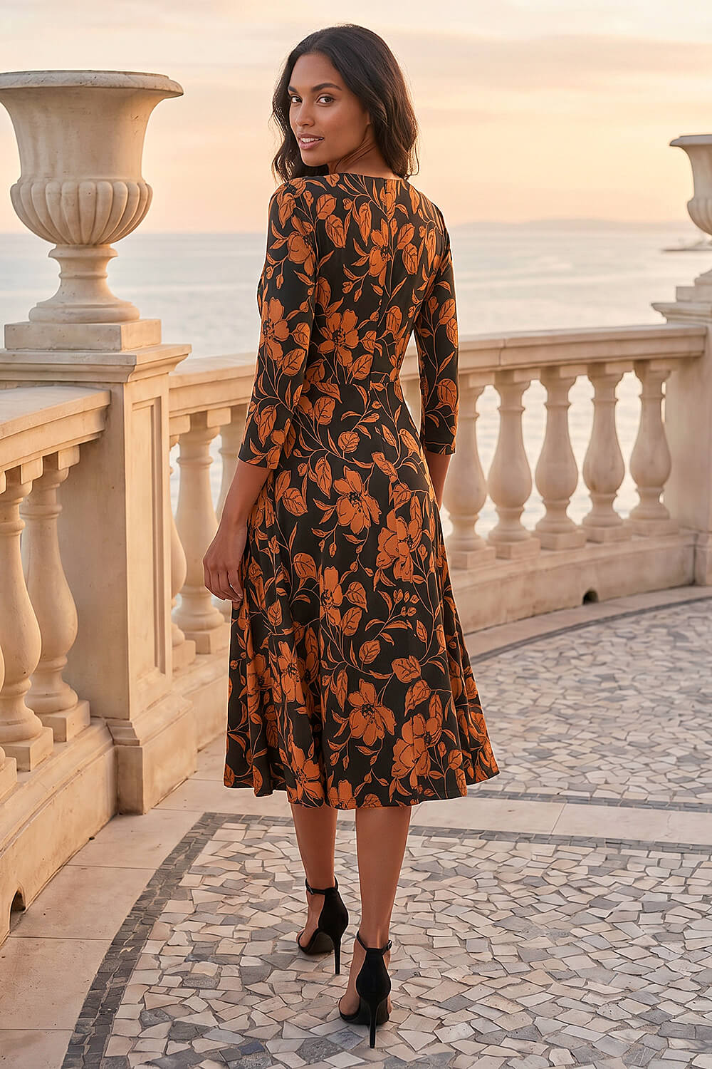 Tan Leaf Print Wrap Midi Dress, Image 3 of 4