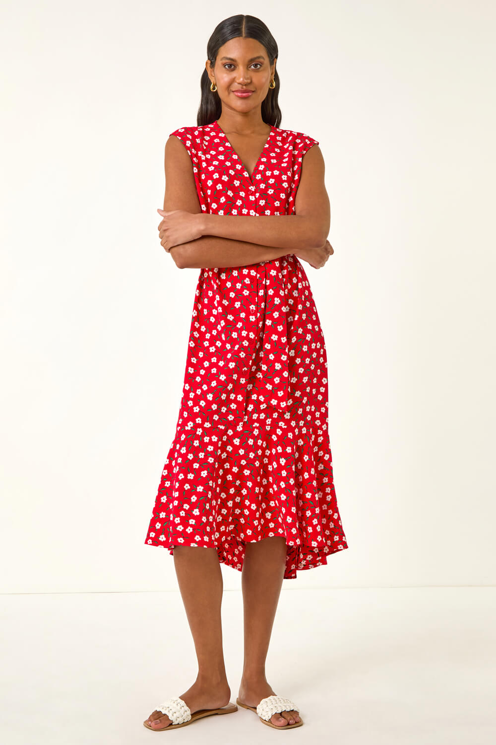 Red Floral Frill Buttoned Dress, Image 3 of 5