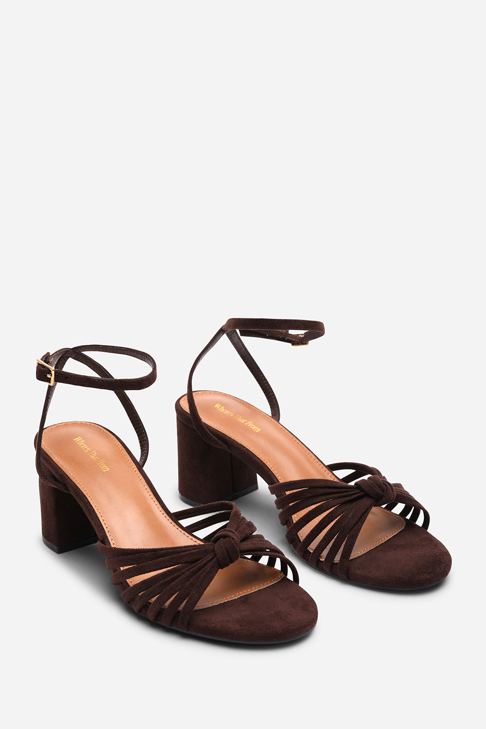 Dark Brown Blossy Knotted Block Heel Sandal With Ankle Strap, Image 4 of 6