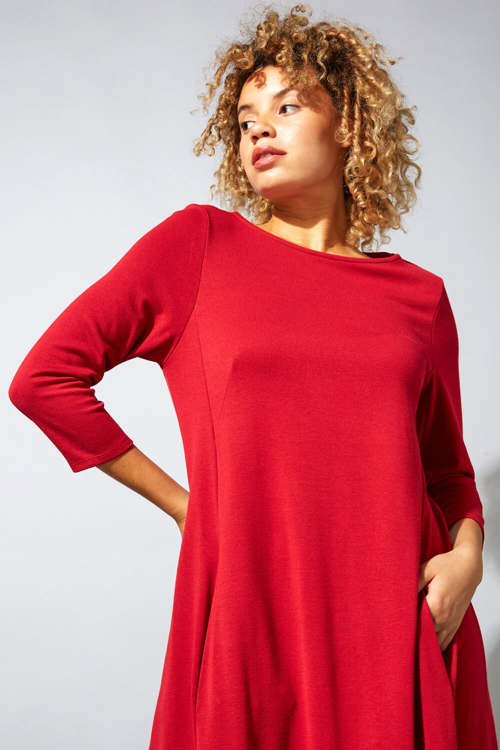 Red A-Line Pocket Detail Swing Dress, Image 5 of 4