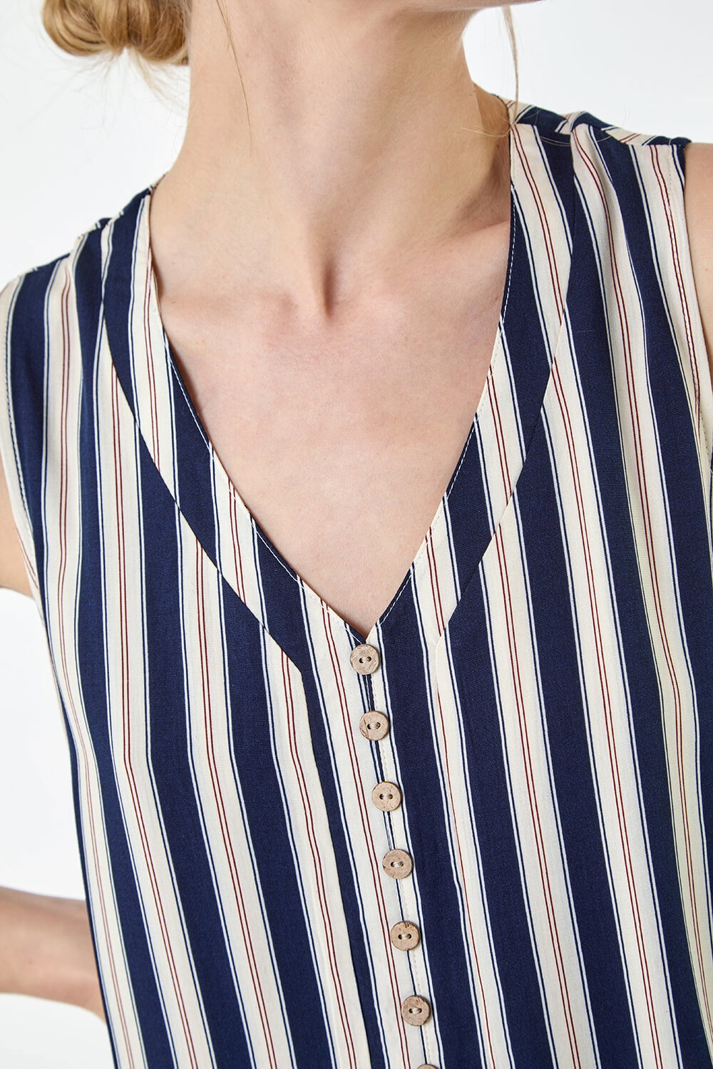 Navy Stripe Print Button Detail Vest Top, Image 6 of 7