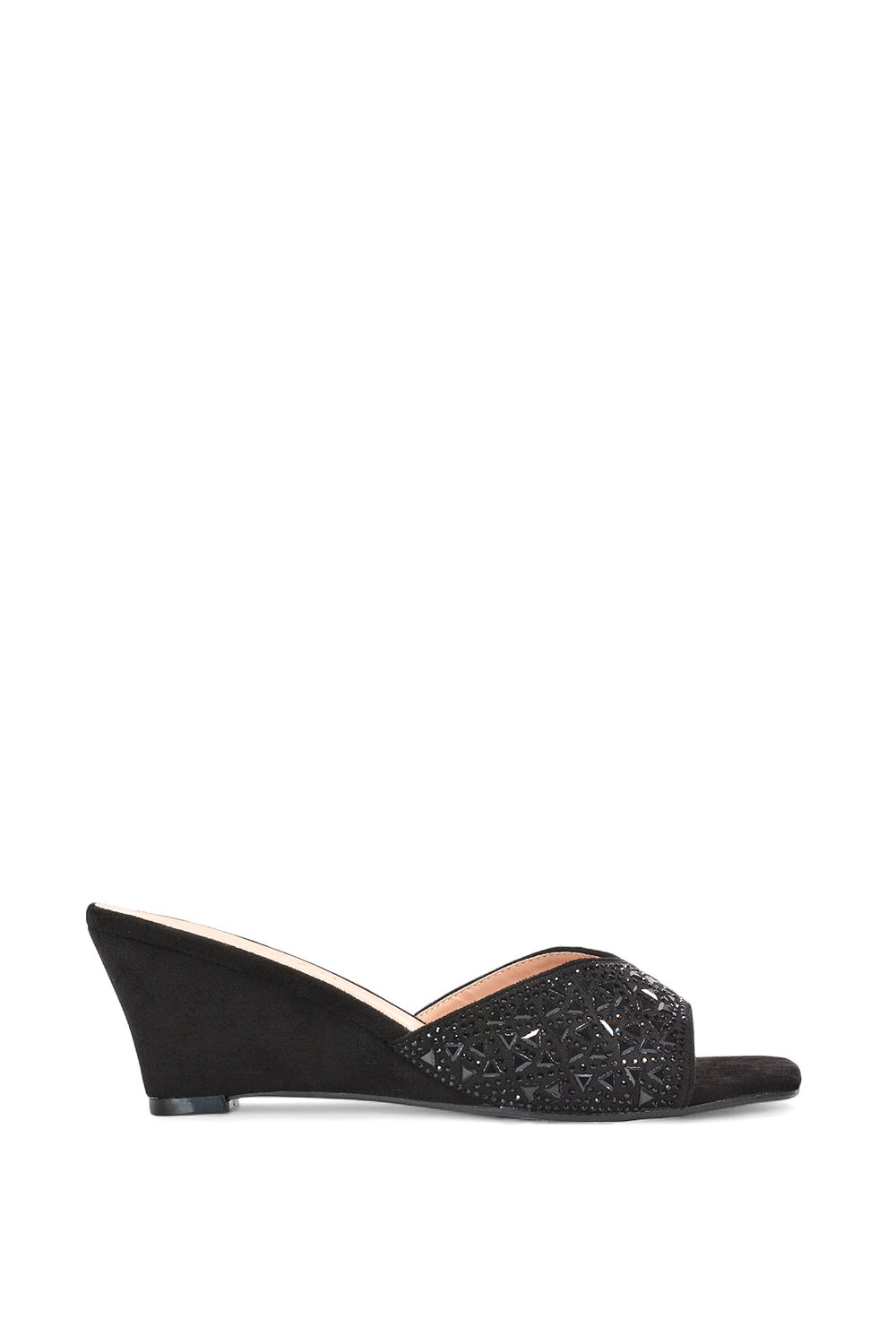 Black XY LONDON Black 'Georgia' Wedge Heel Diamante Square Peep Toe Heeled Mule Sandals, Image 1 of 6