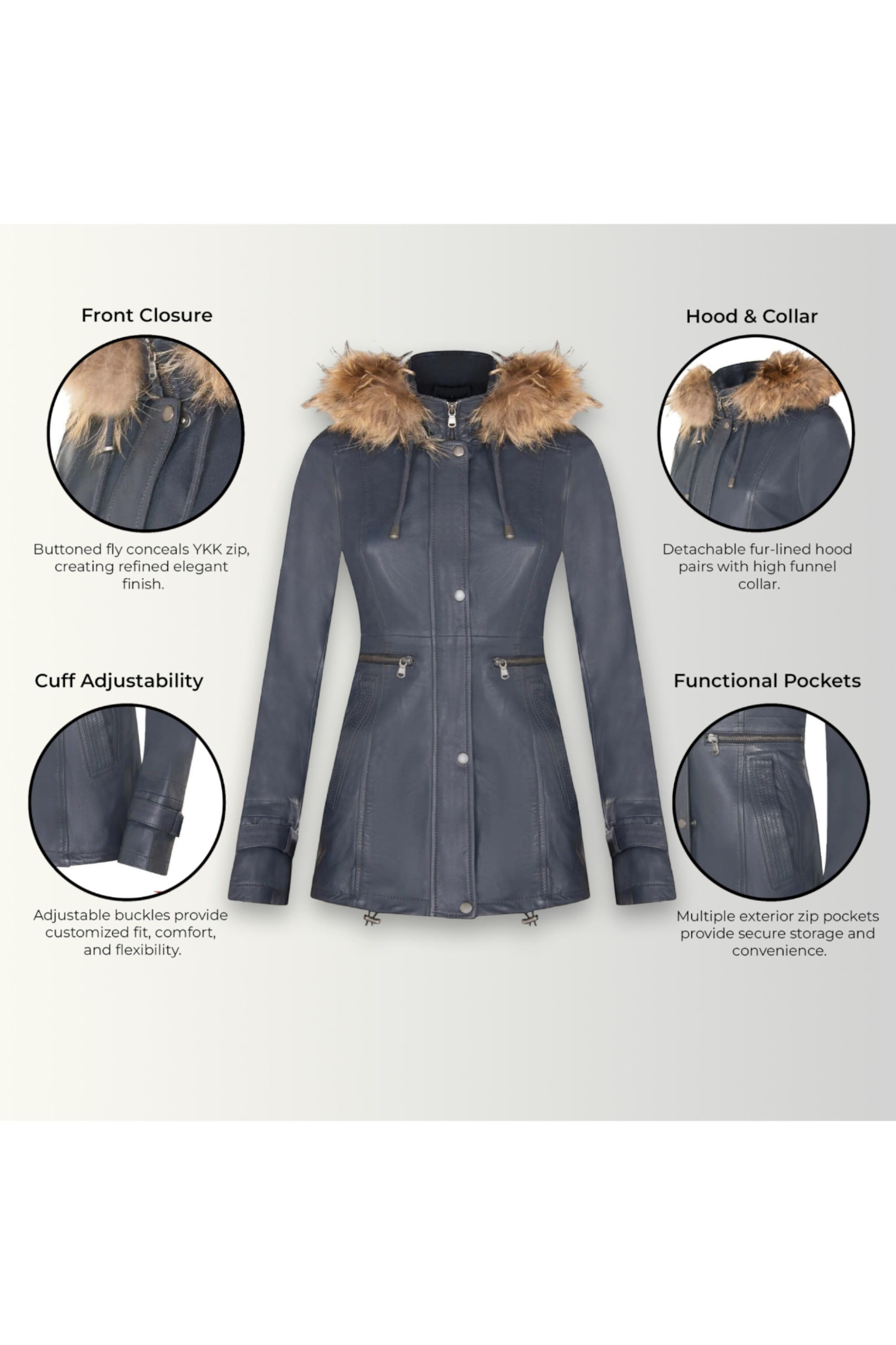 Blue Leather Hooded Parka Jacket-Charleville, Image 3 of 6
