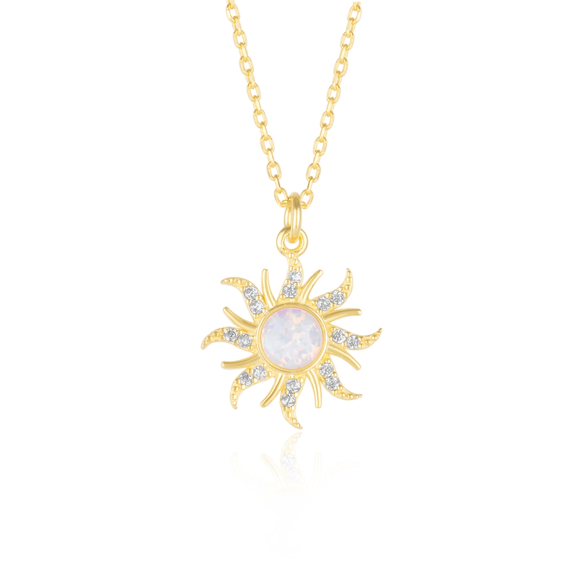 Gold White Opal Sun & Sunburst Necklace in Sterling Silver, Image 1 of 4
