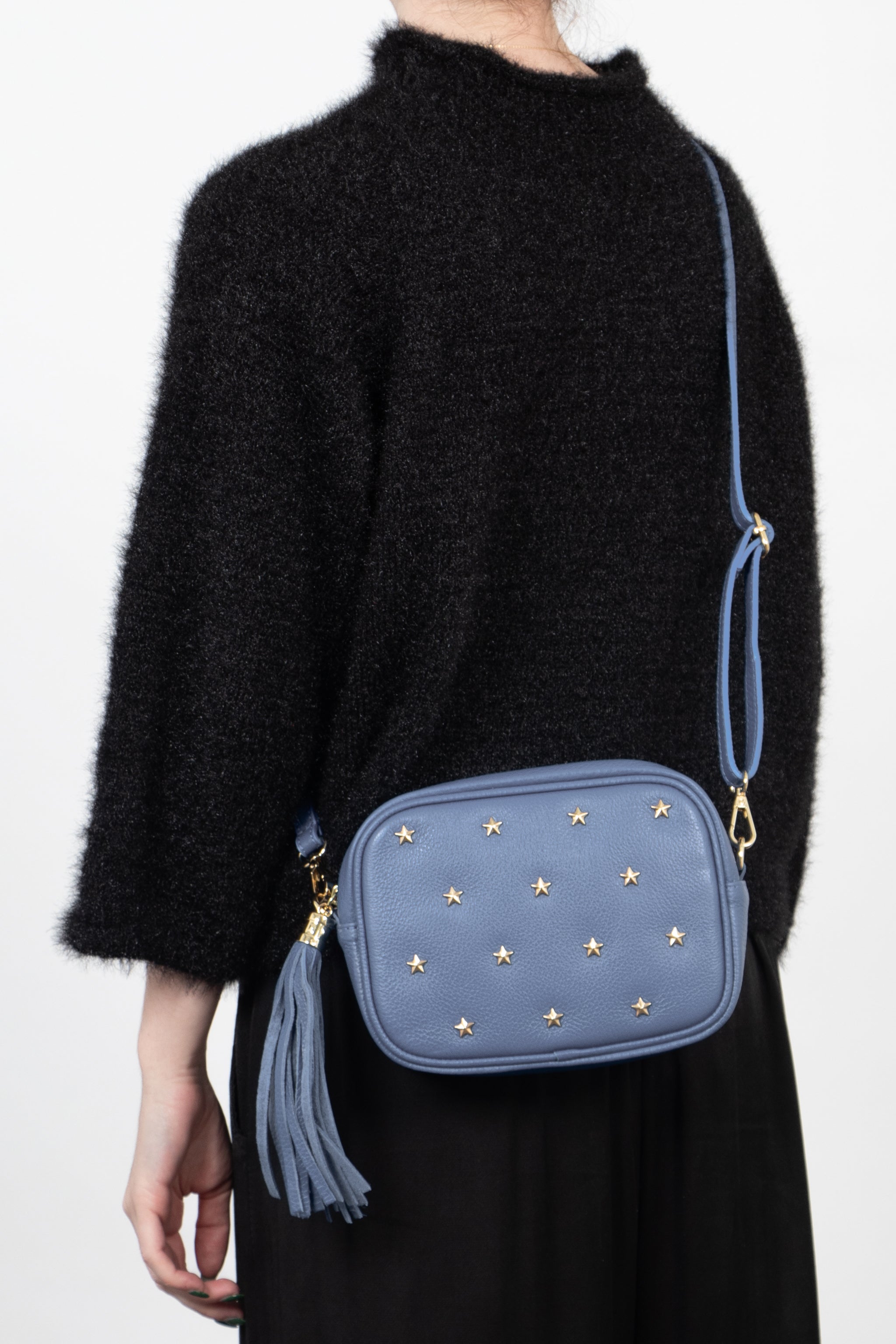 Navy Blue Star Studded Italian Leather Crossbody Bag, Image 3 of 3