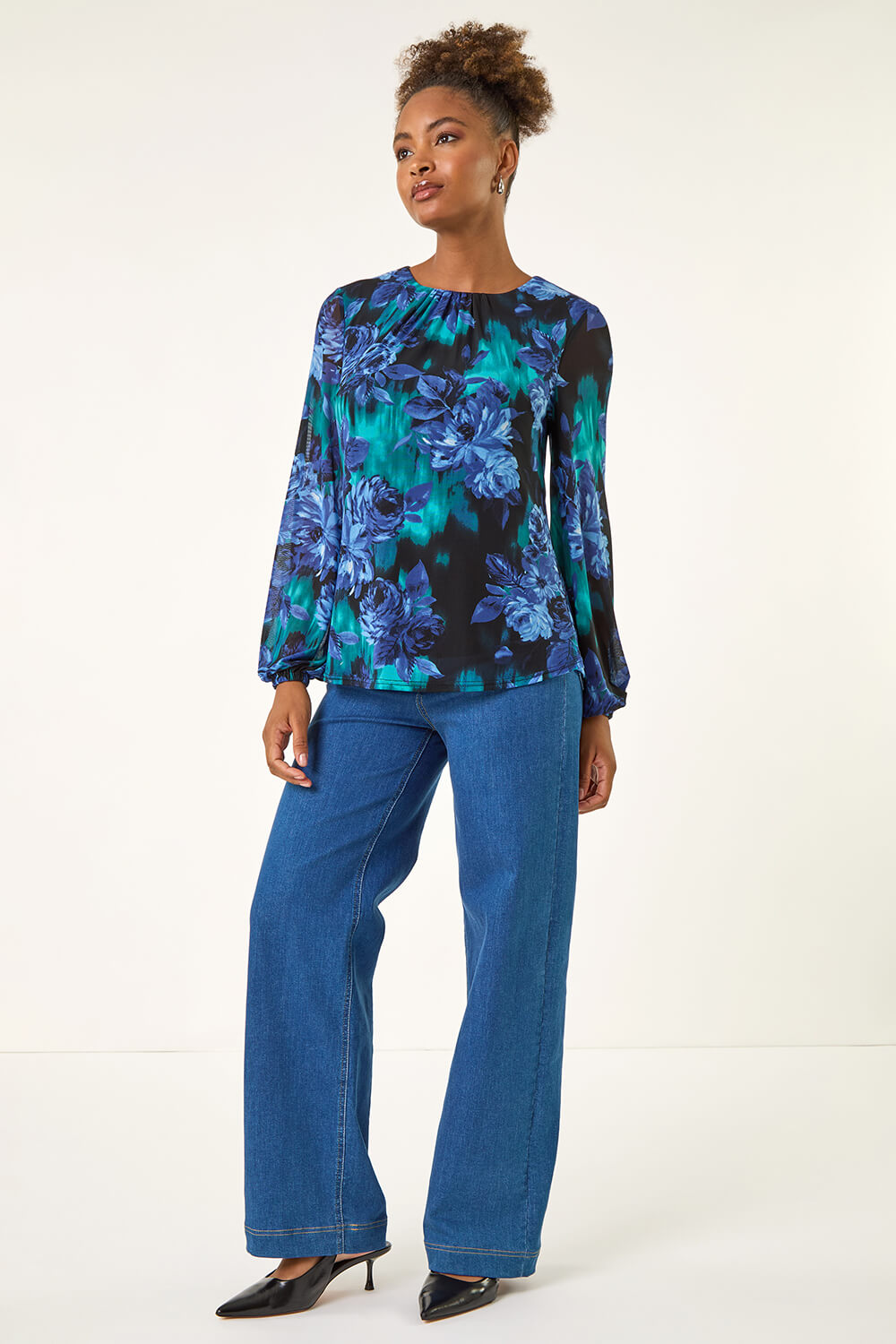 Blue Floral Mesh Top, Image 3 of 5