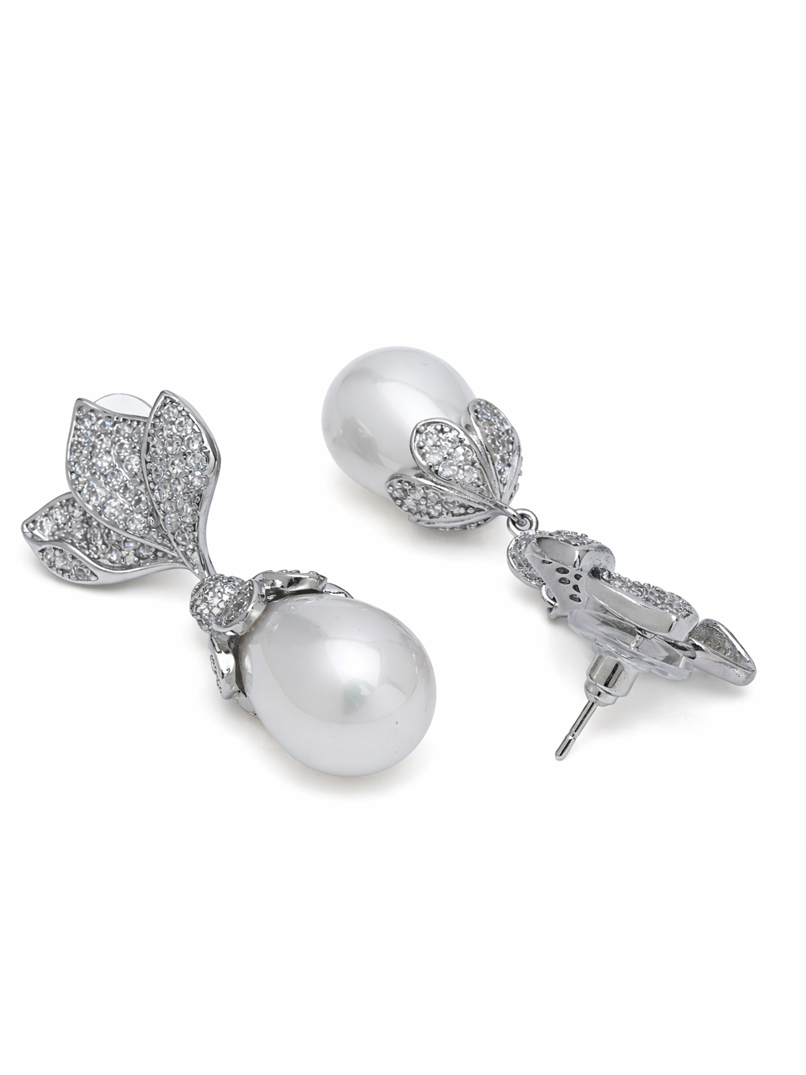 Silver Leaf Pavé Pearl Drop Earrings, Image 2 of 3