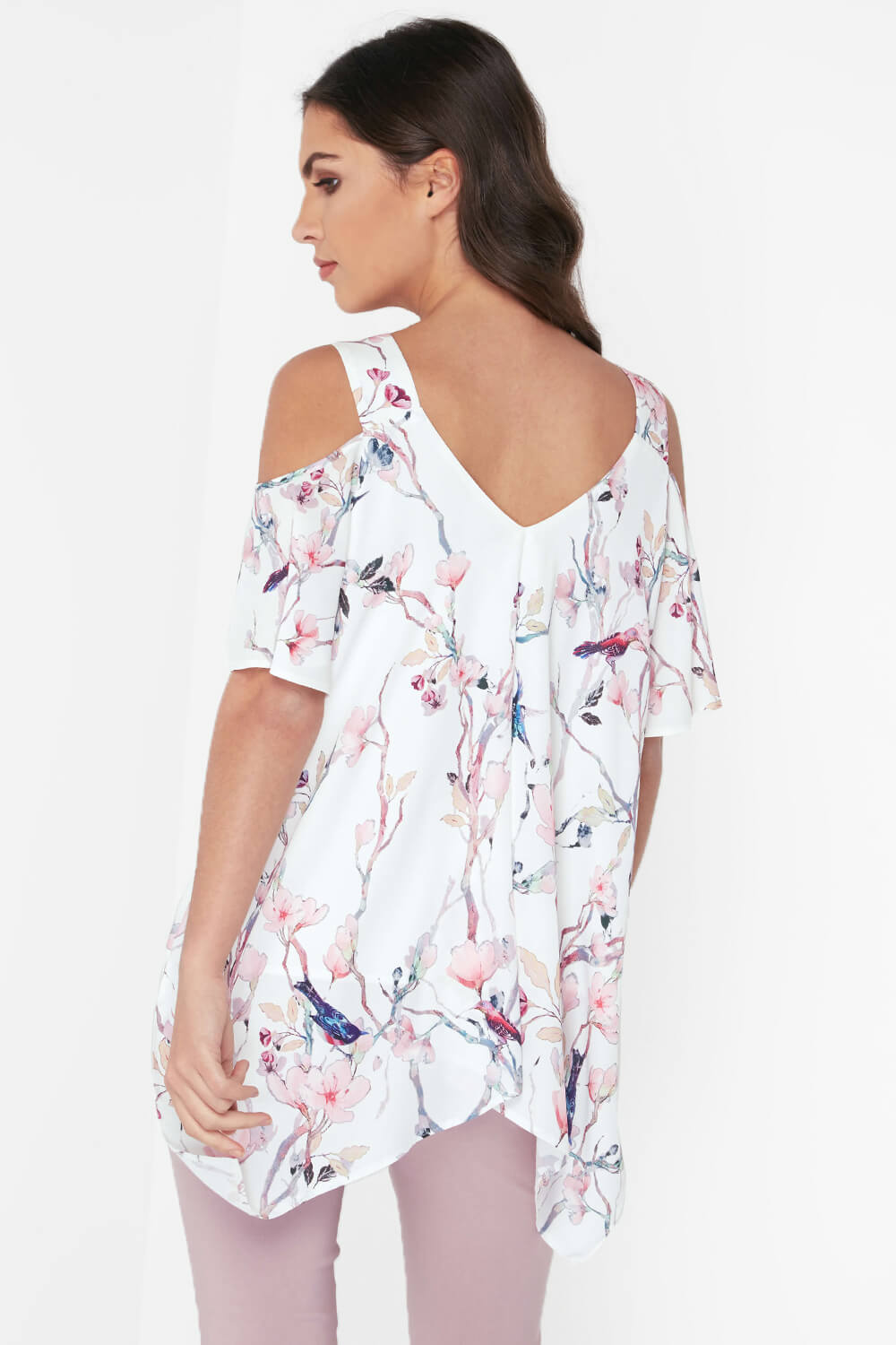 Ivory Floral Print Cold Shoulder Top, Image 3 of 4