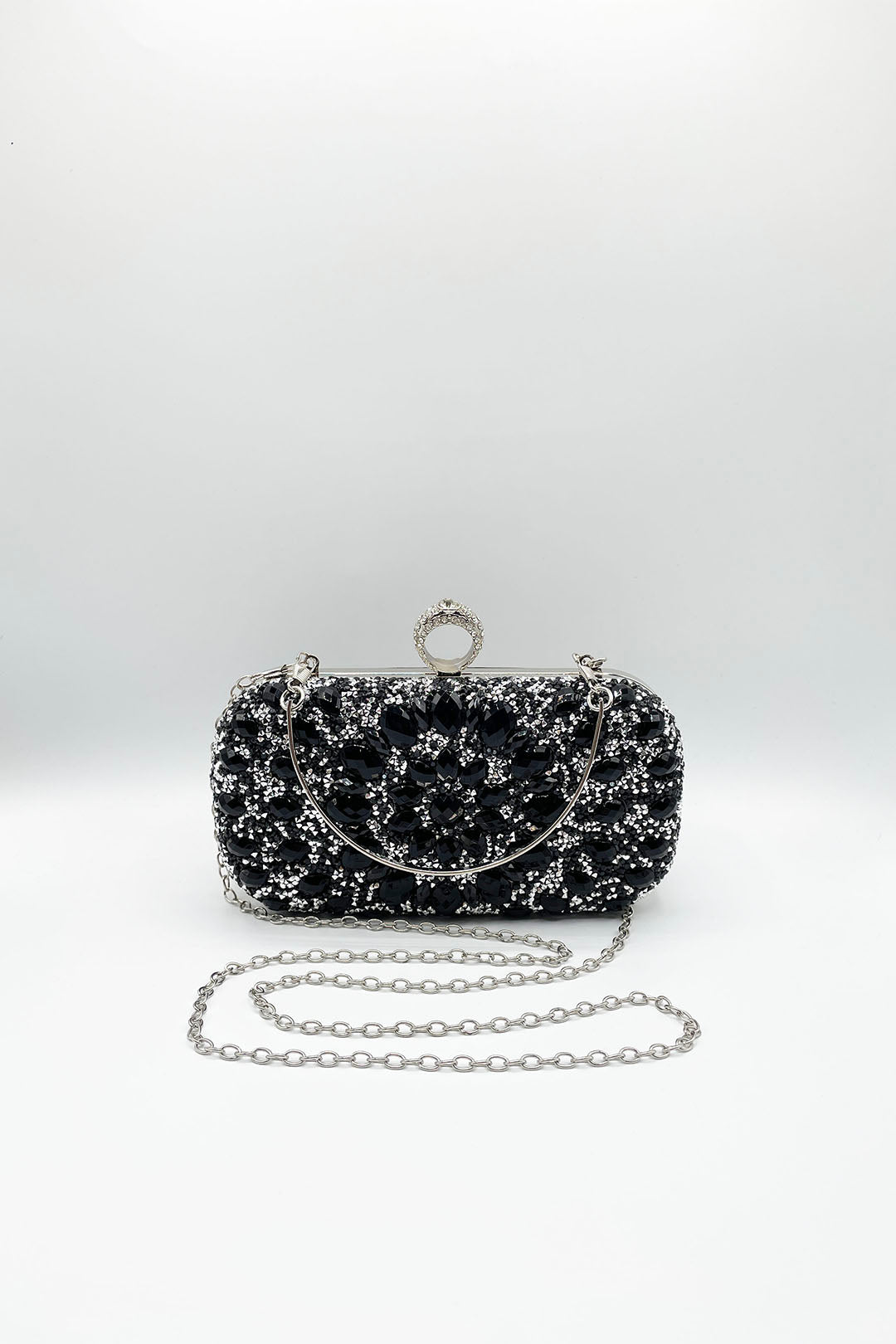 Black Rhinestone Ring Clasp Clutch Bag, Image 3 of 5