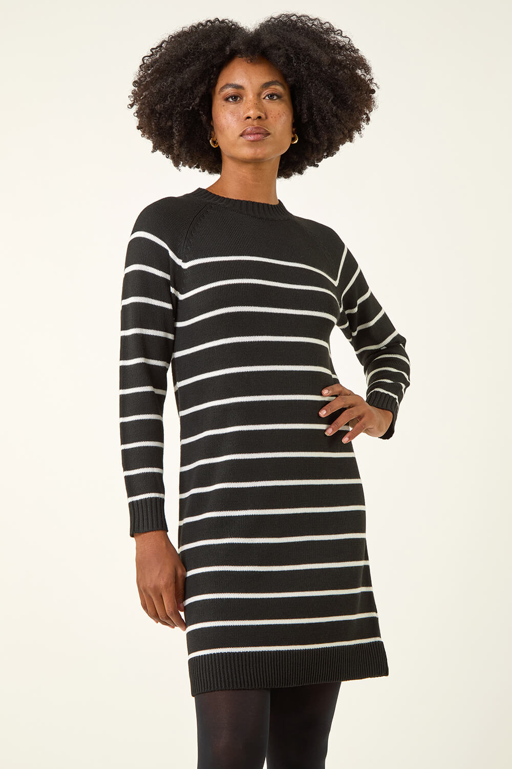 Black Stripe Print Knitted Jumper Dress | Roman UK
