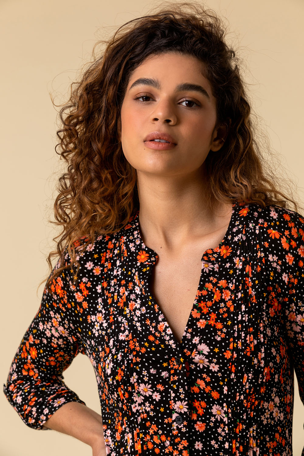 Multi Ditsy Floral Print Pintuck Jersey Shirt, Image 5 of 4