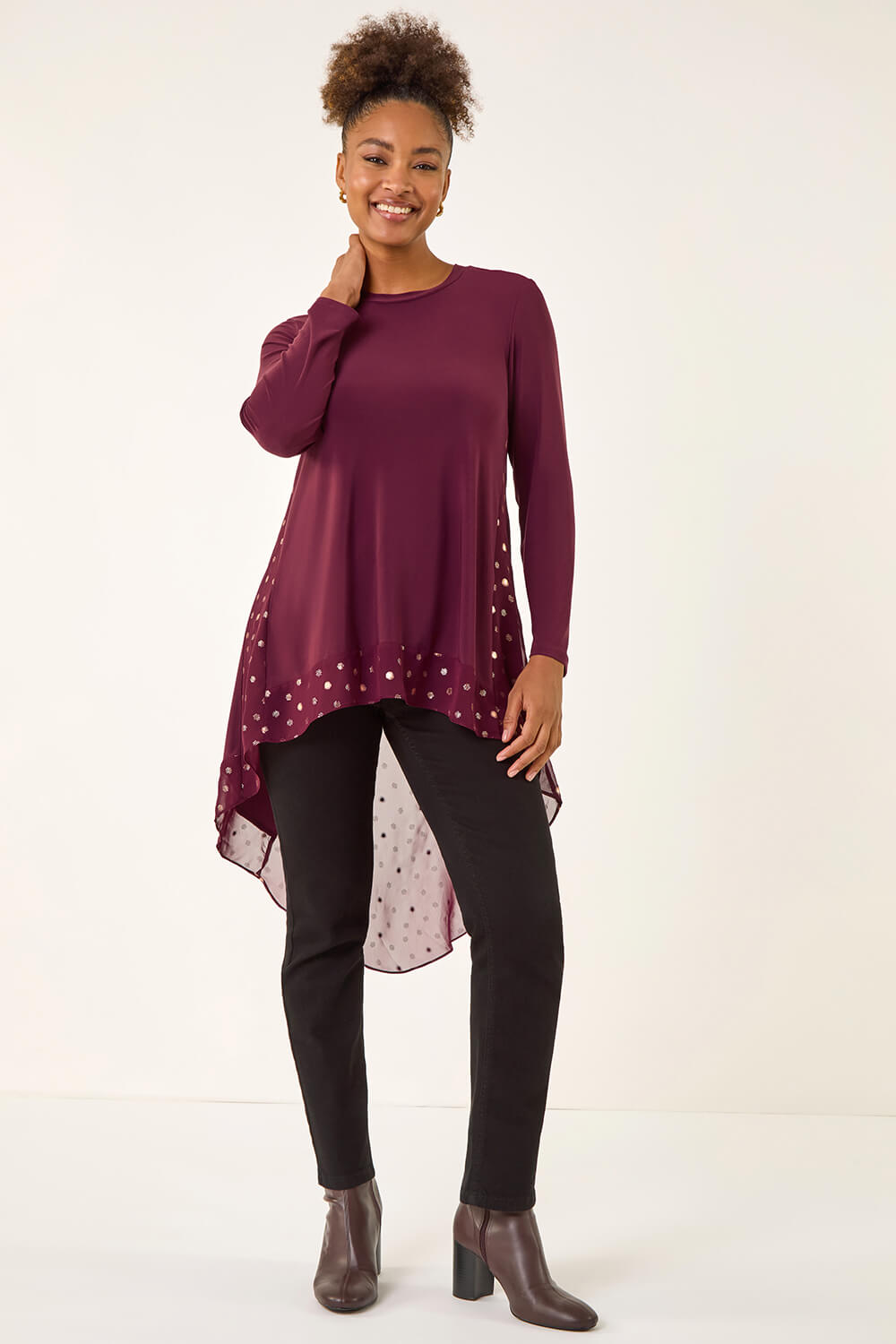 Burgundy Foil Spot Print Chiffon Hem Top, Image 4 of 5