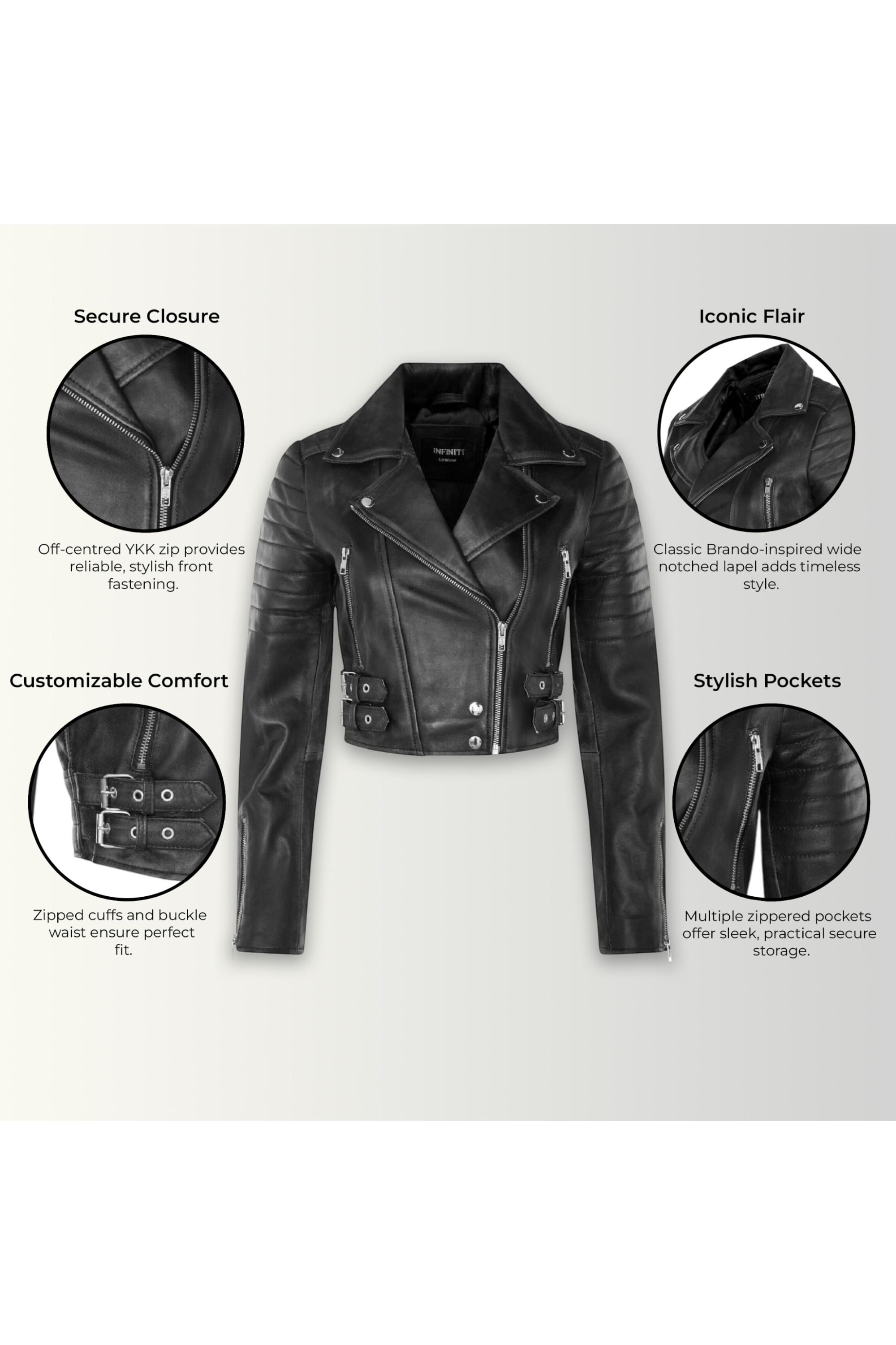 Black Cropped Brando Leather Biker Jacket, Image 3 of 7
