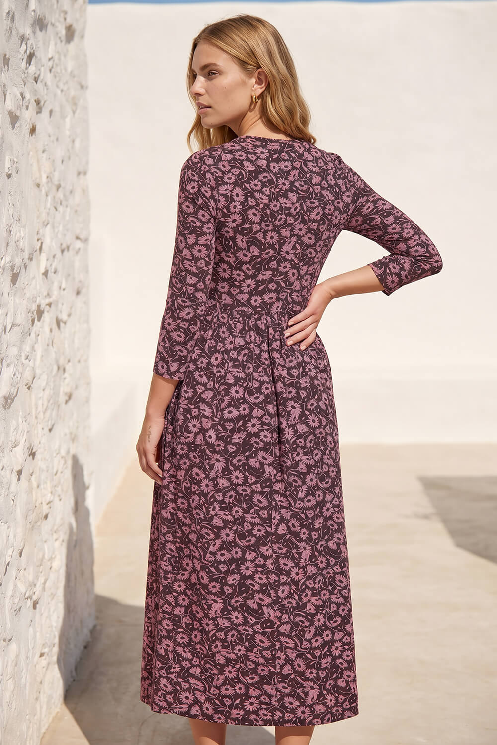 Pink Floral Print Ruched Midi Dress, Image 4 of 4