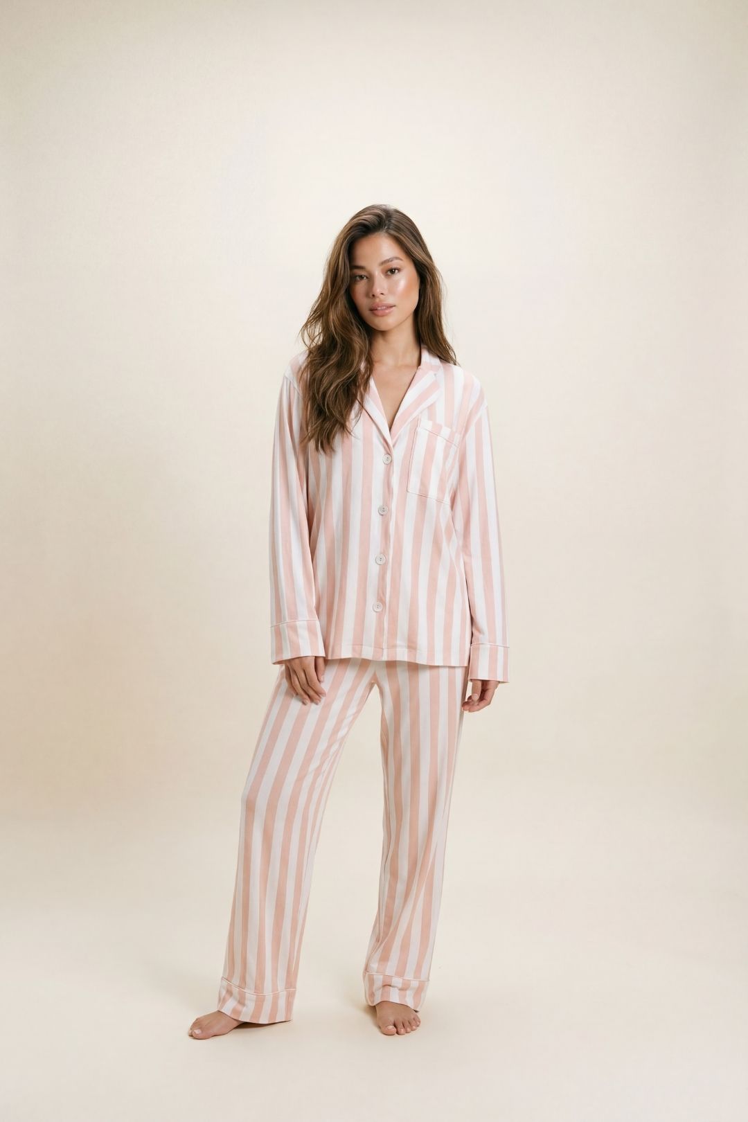 Salmon Stripe Modal Pyjama Trouser Set, Image 1 of 4