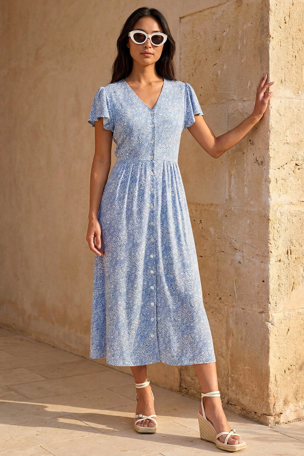 Blue Petite Abstract Spot Midi Dress, Image 1 of 4