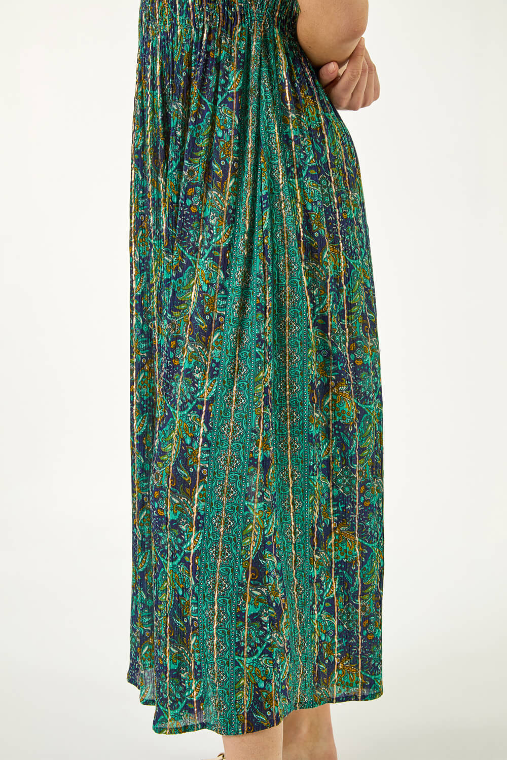 Teal Paisely Leaf Print Shirred Midi Dress, Image 6 of 5