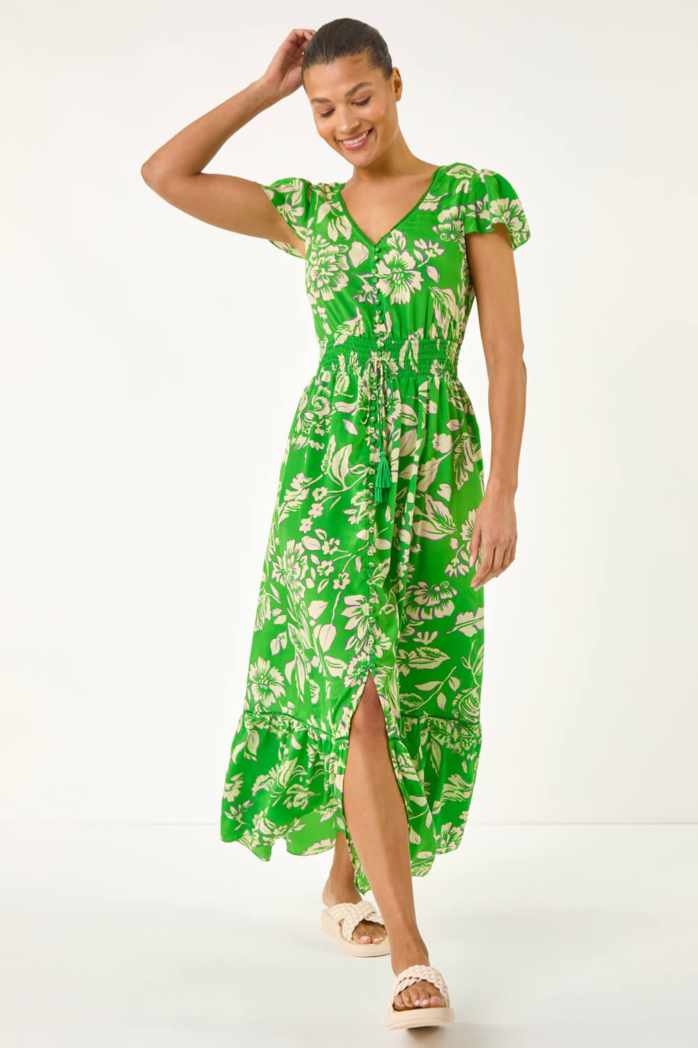 Green Floral Frill Maxi Dress, Image 3 of 5