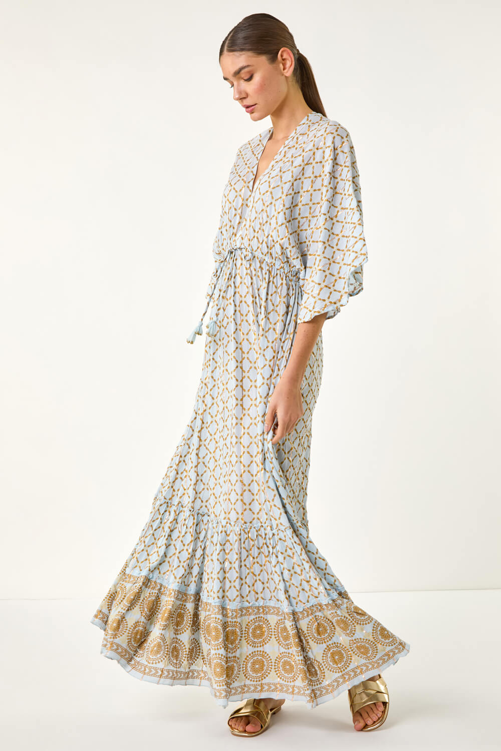 Light Blue  Shimmer Boho Border Maxi Dress, Image 3 of 5