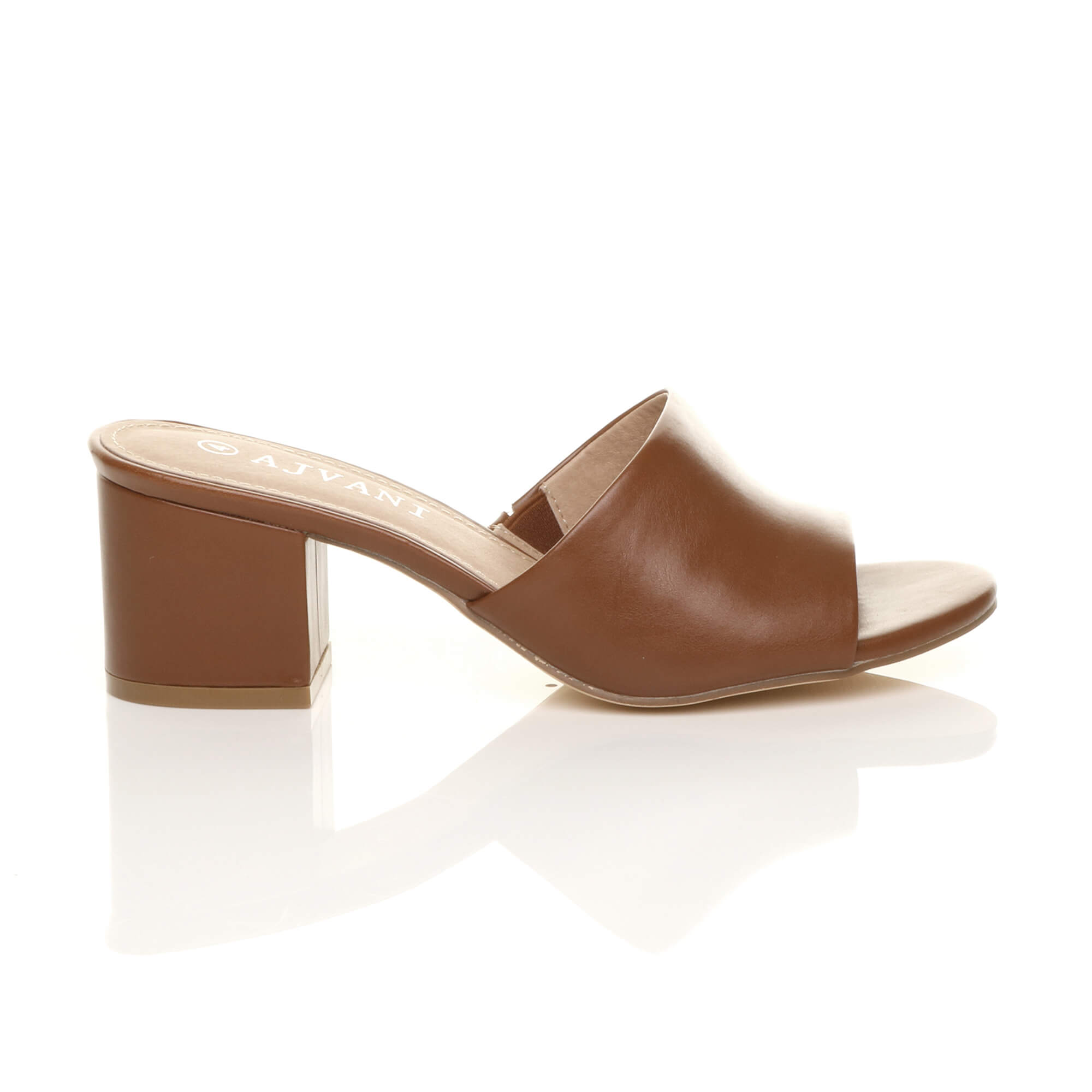 Tan AJVANI Tan Mid Block Heel Peep Toe Mules Sandals, Image 2 of 6