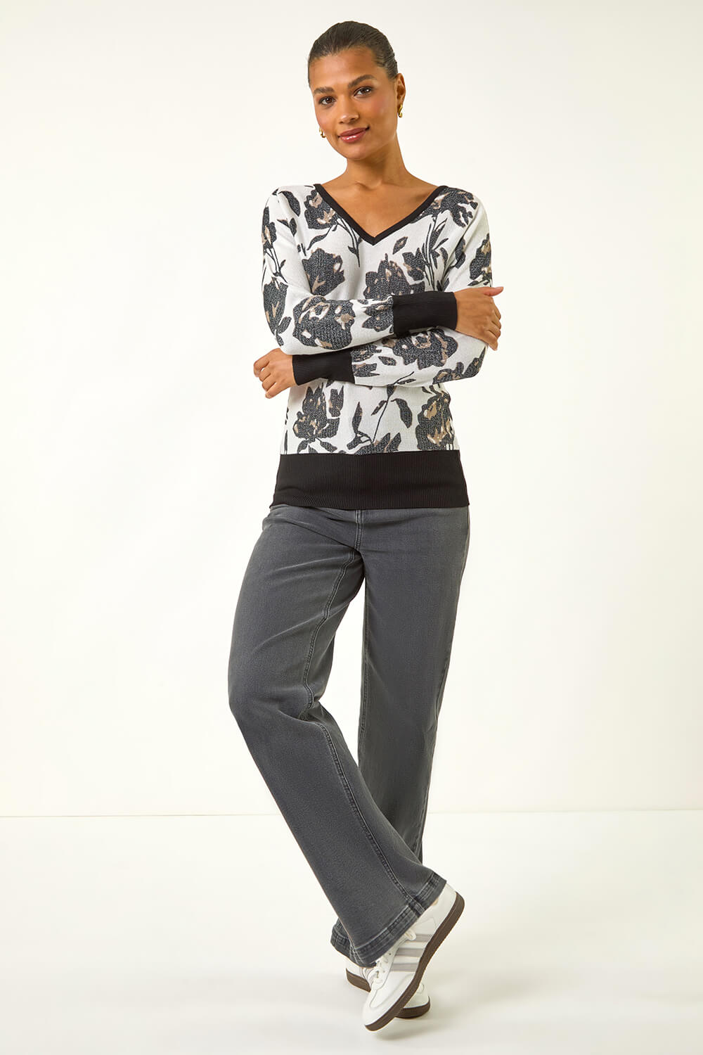 Ivory Floral Print V-Neck Knit Jumper, Image 5 of 6