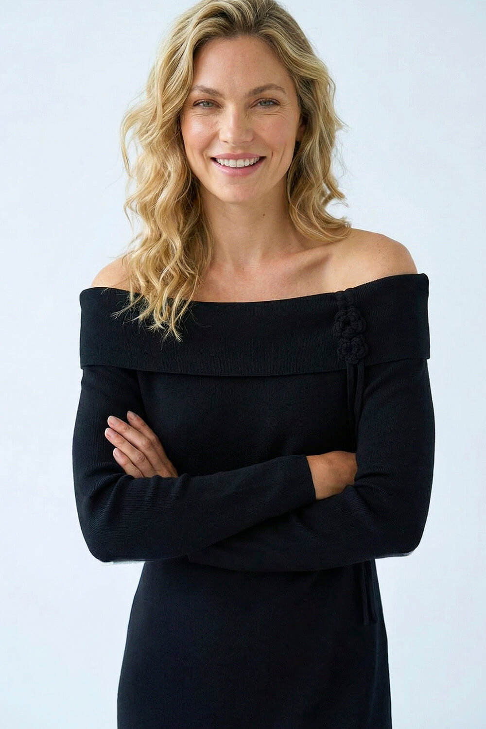 Black Floral Bardot Knit Midi Dress, Image 5 of 5
