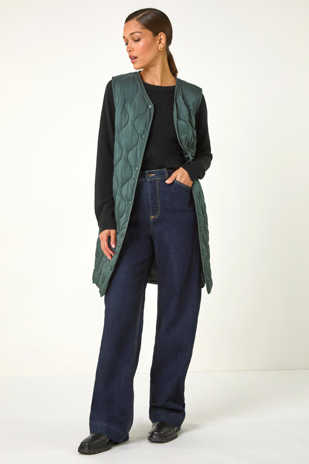 Forest Green Quilted Collarless Button Detail Gilet, Image 7 of 6