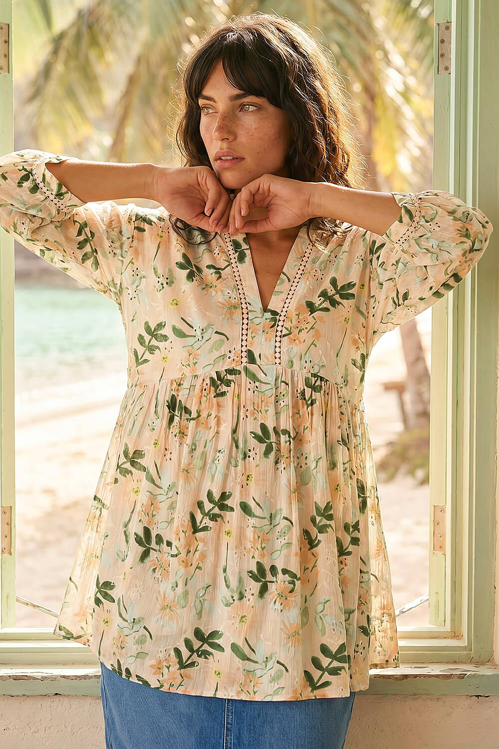 Peach Floral Broderie Trim Tunic Top, Image 1 of 4