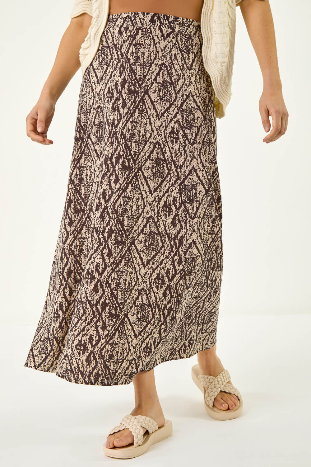 Chocolate Abstract Diamond Print Midi Skirt, Image 3 of 6