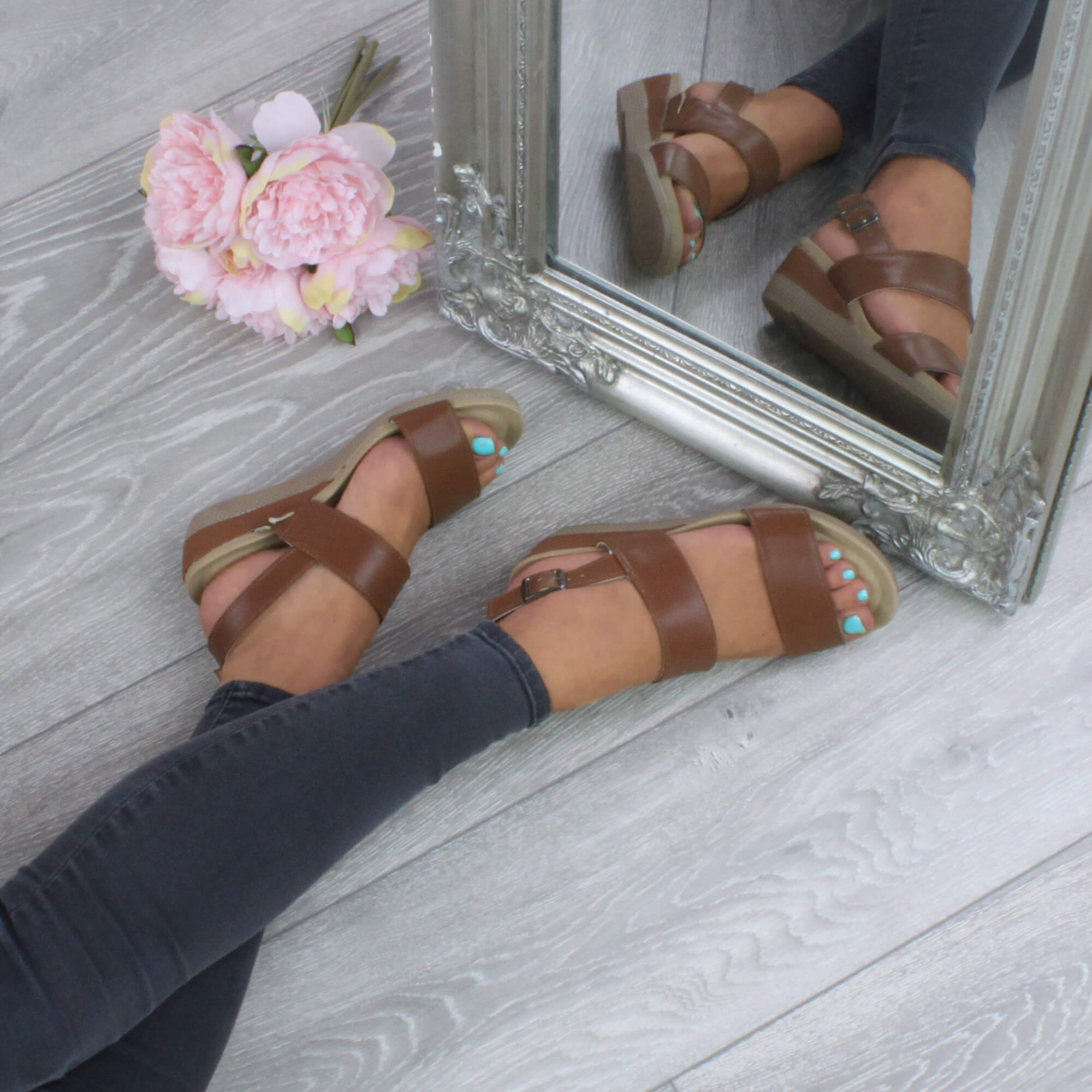 Tan AJVANI Tan Mid Wedge Heel Strappy Slingback Sandals, Image 5 of 6