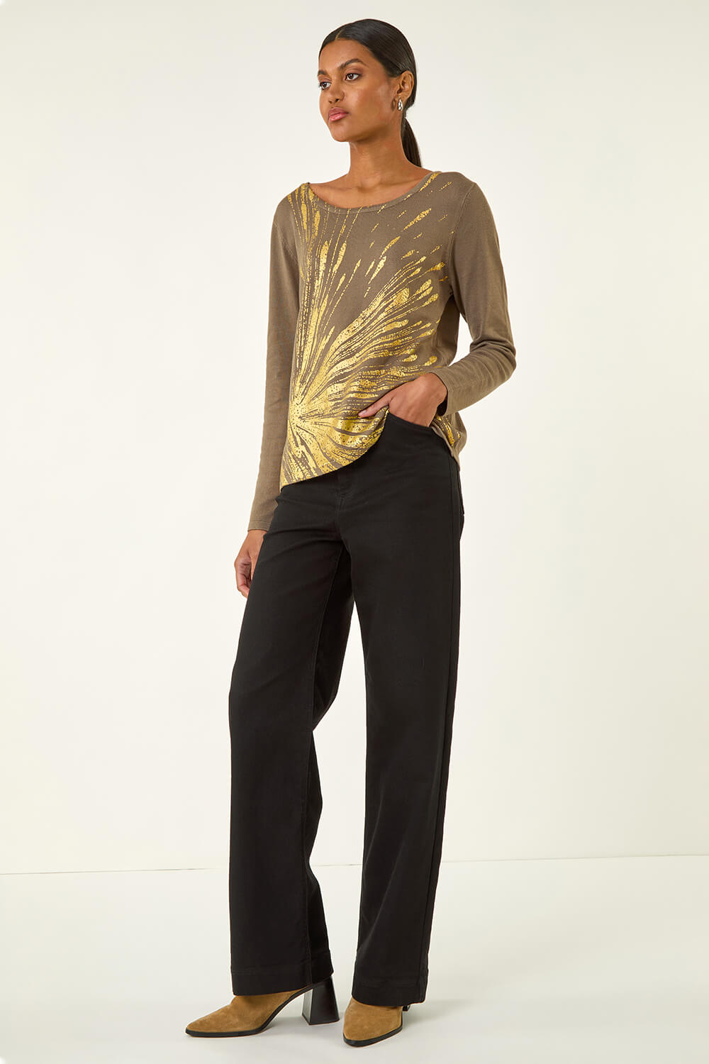 Olive Metallic Foil Print Knit, Image 3 of 5