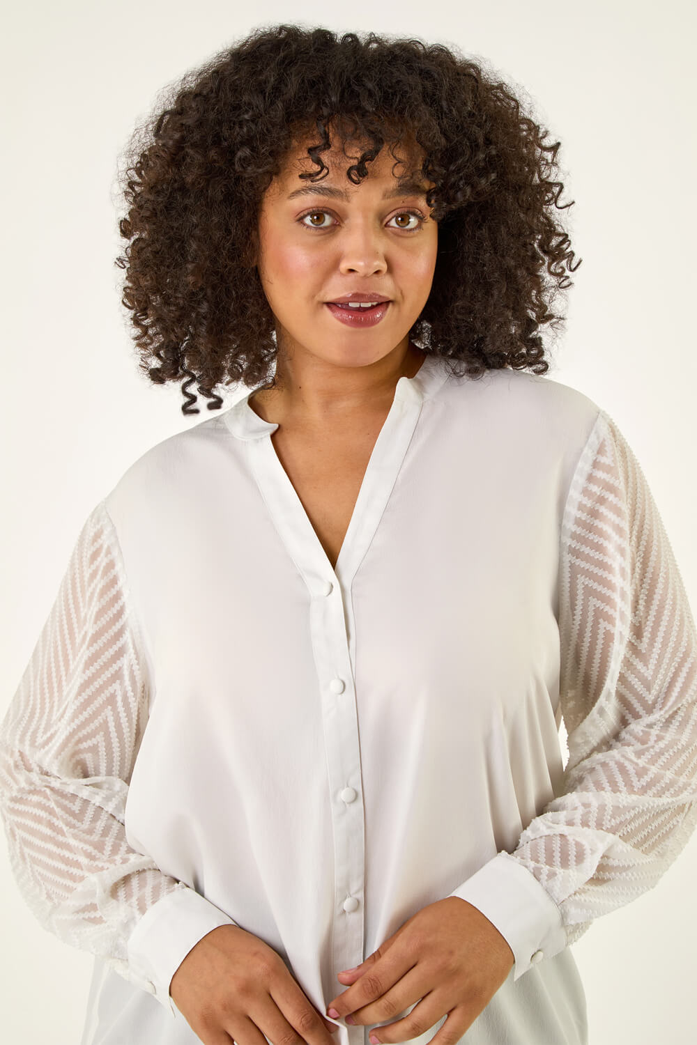 Ivory Curve V-Neck Button Up Blouse, Image 6 of 6