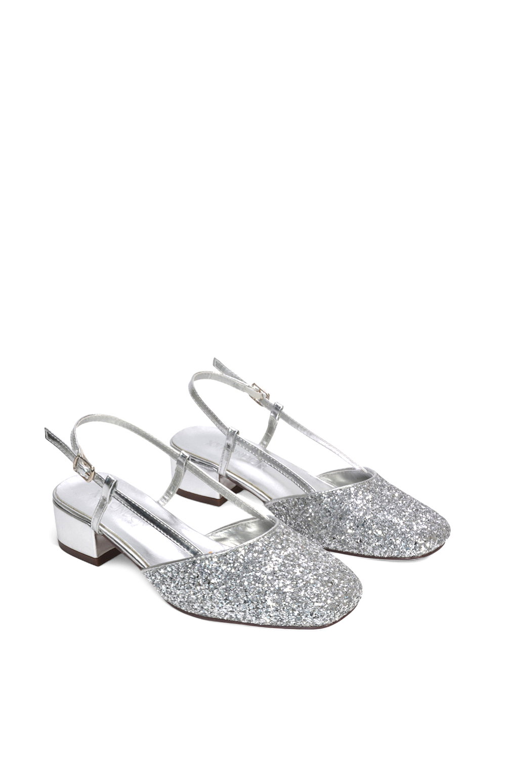 Silver XY LONDON Silver 'Kira' Slingback Court Shoes With Low Block Heel, Image 5 of 5