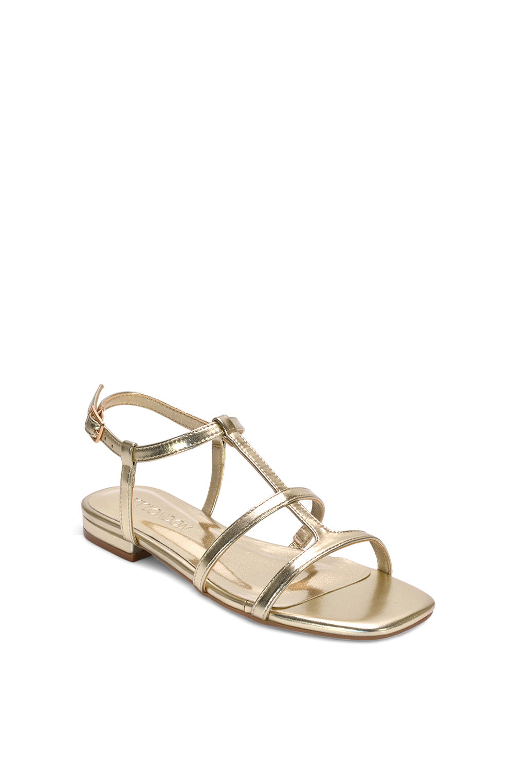 Gold XY LONDON Gold 'Danielle' Flat Strappy Caged Square Toe Sandals With Buckle, Image 2 of 6