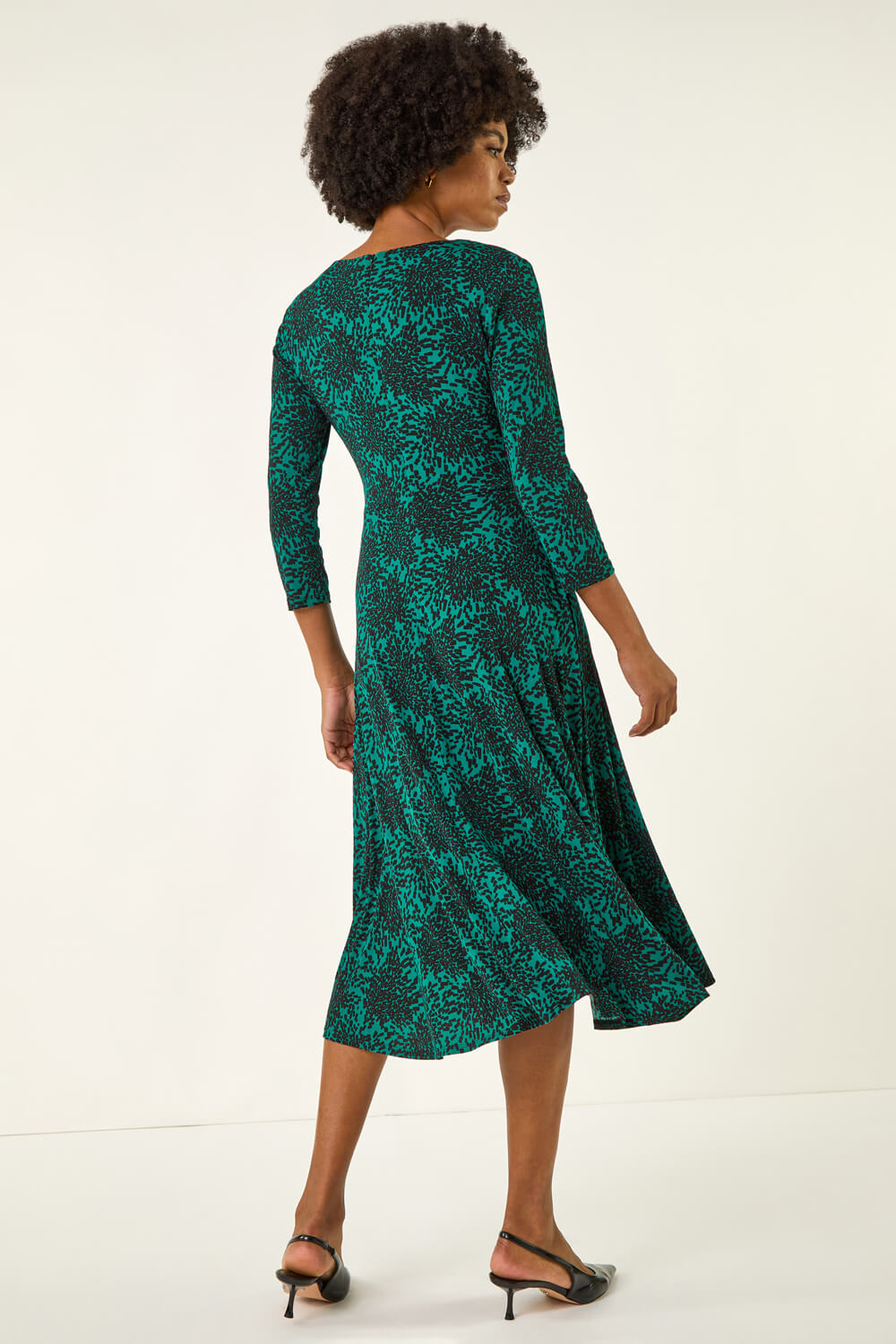 Teal Speckled Print Wrap Bodice Midi Dress, Image 4 of 5