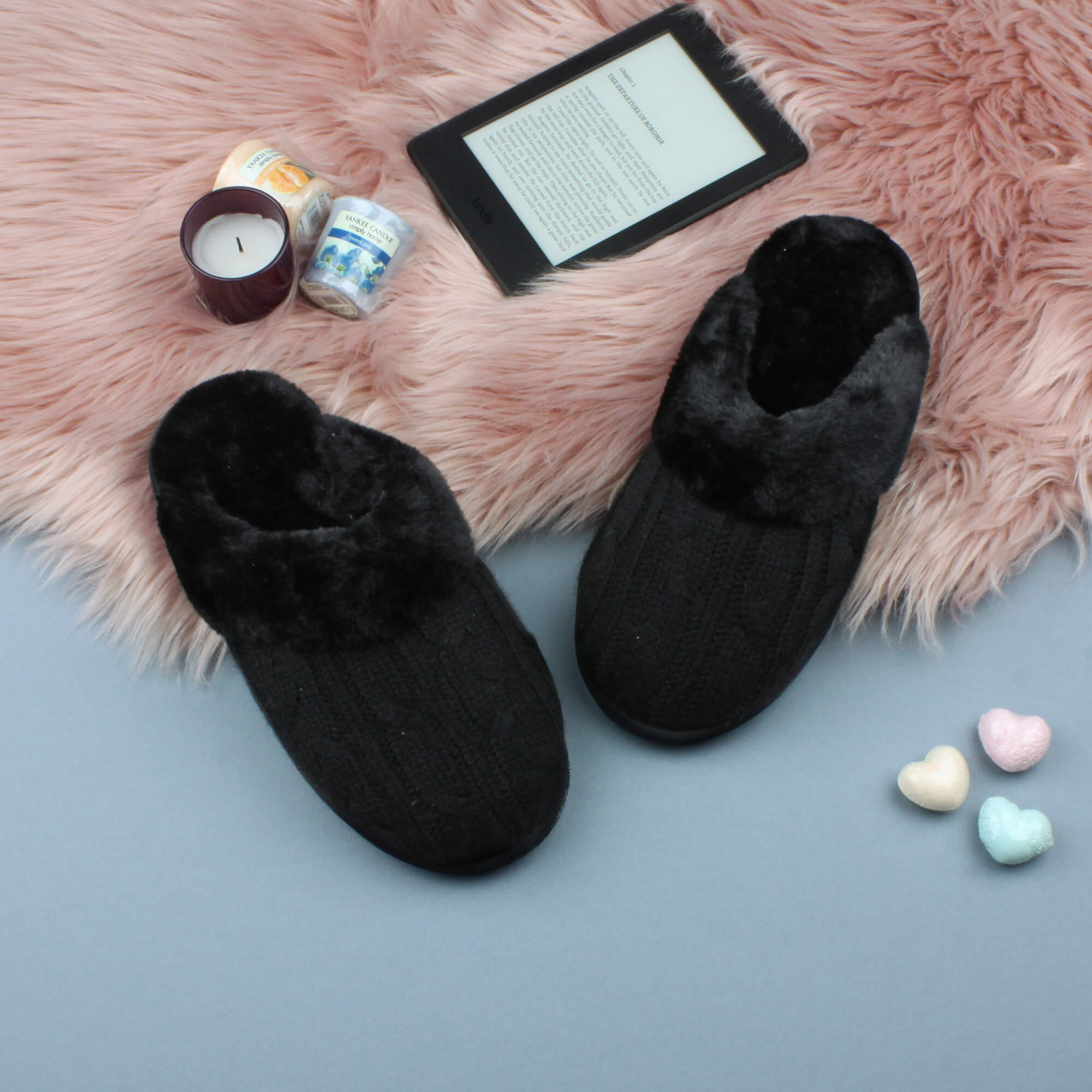Black AJVANI Black Faux Fur Lined Slip On Memory Foam Mules Slippers, Image 3 of 5