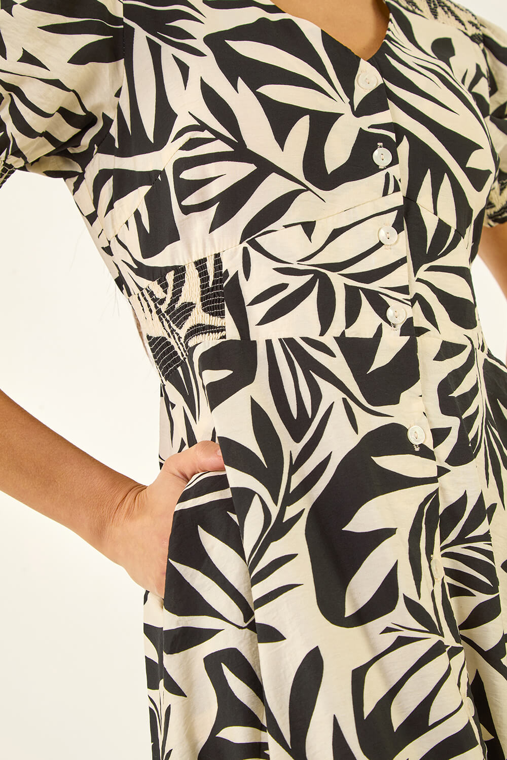Black Abstract Print Button Midi Dress, Image 6 of 5