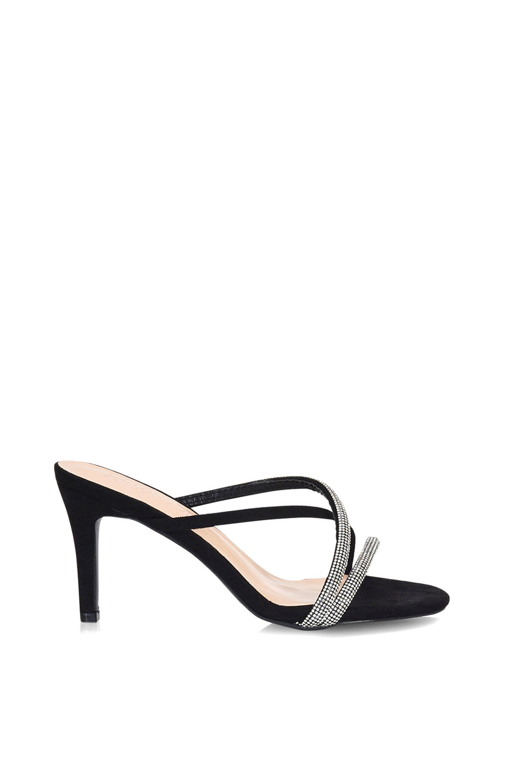 Black 'Teddie' Diamante Cross Over Strappy Sandal Stiletto High Mule Heels