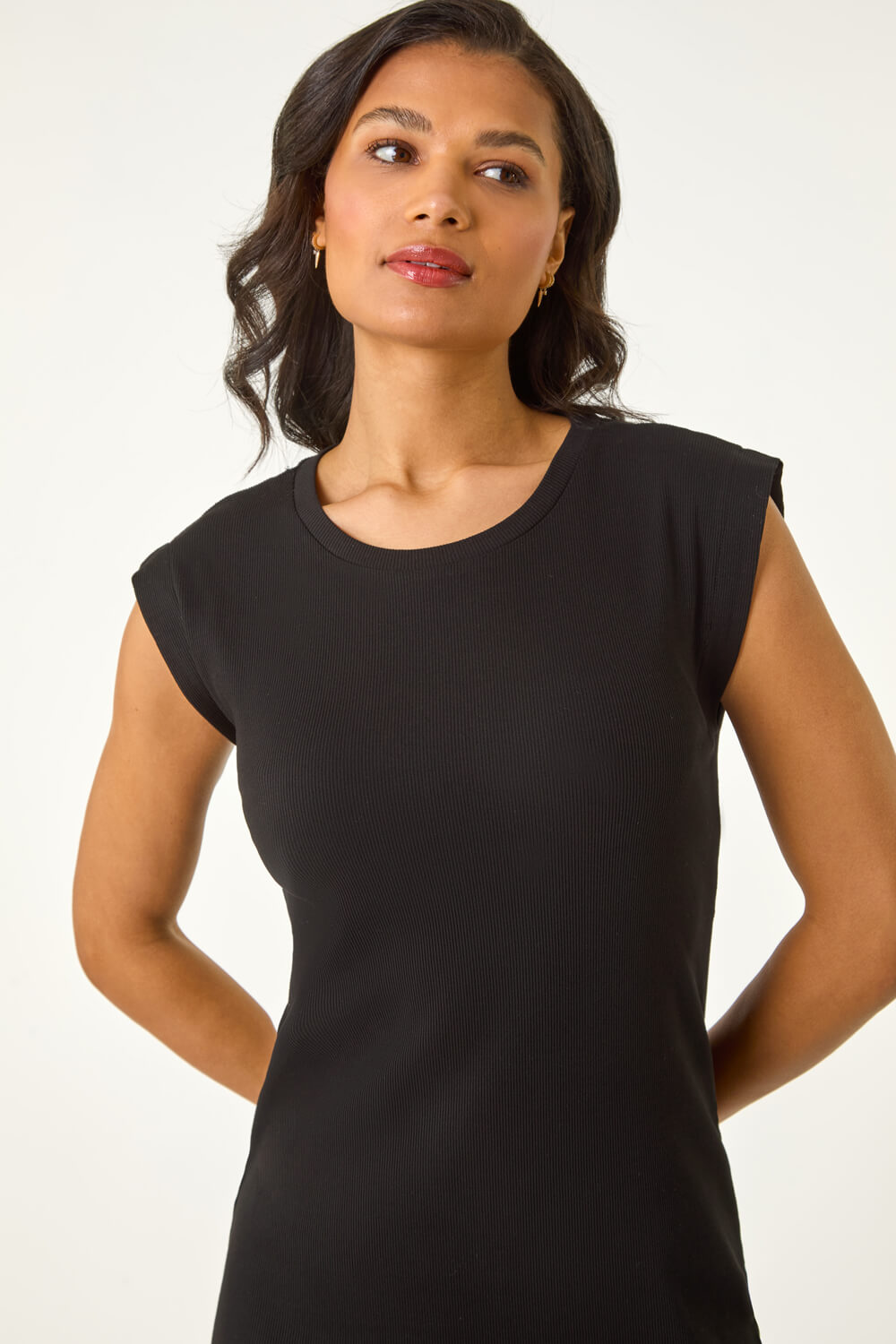 Black Ribbed Cap Sleeve Midi Dress, Image 5 of 5