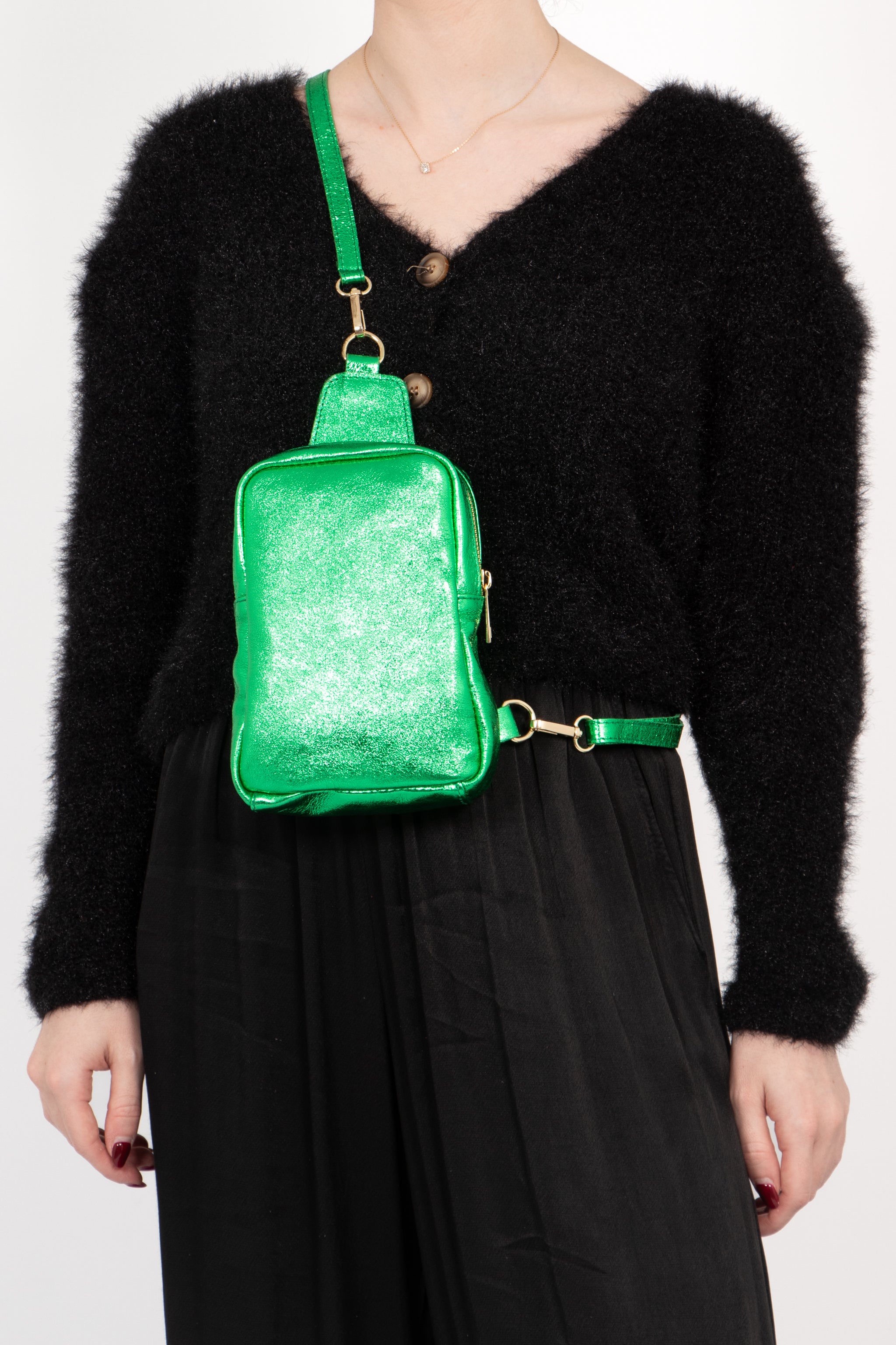 Green Metallic Leather Crossbody Sling Bag, Image 3 of 3