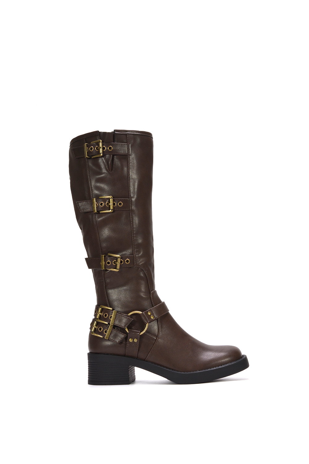 Black 'Cobra' Harness Square Toe Knee High Biker Boots