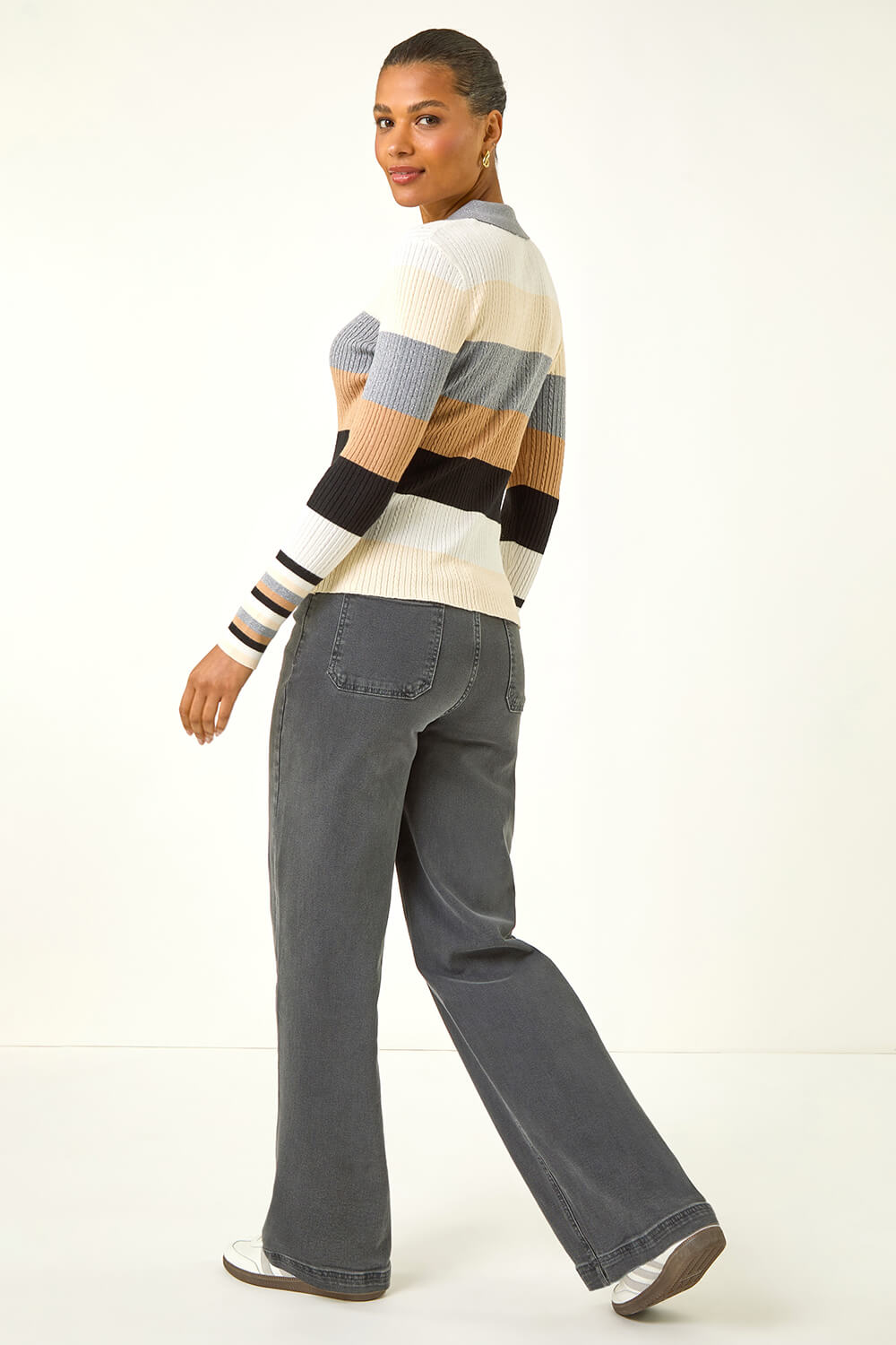 Ivory Stripe Collar Buttoned Knit, Image 4 of 6