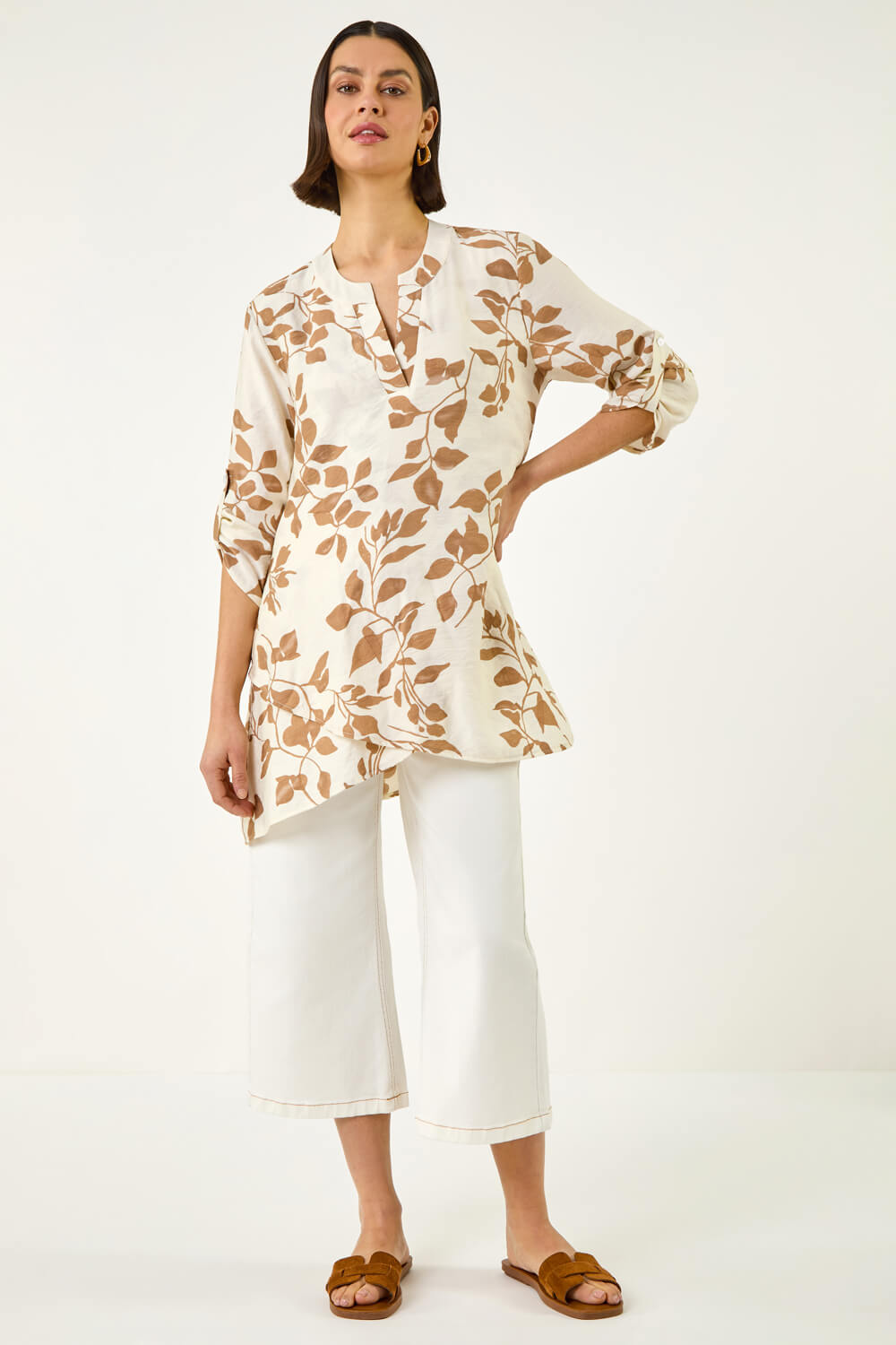 Roman Women's Cream Leaf Print Wrap Hem Tunic Top Size 16
