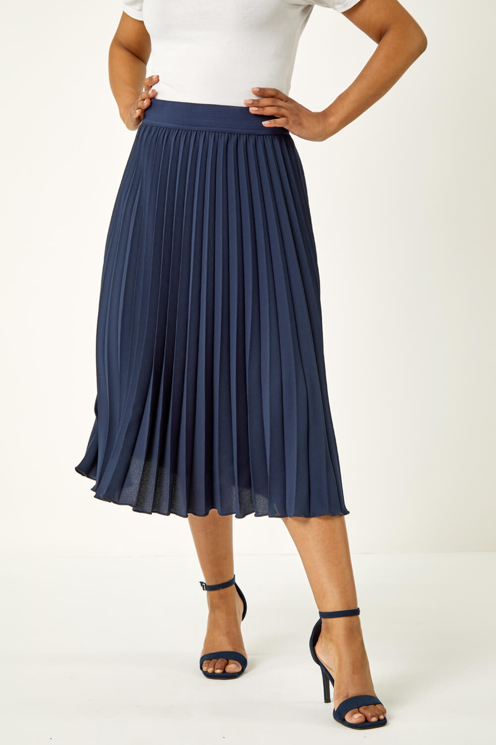 Navy  Petite Pleated Stretch Midi Skirt, Image 6 of 5