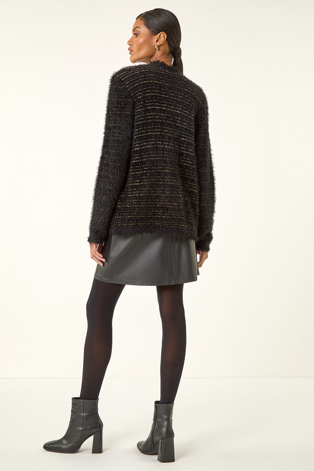 Black Fluffy Textured Knit Cardigan, Image 4 of 5