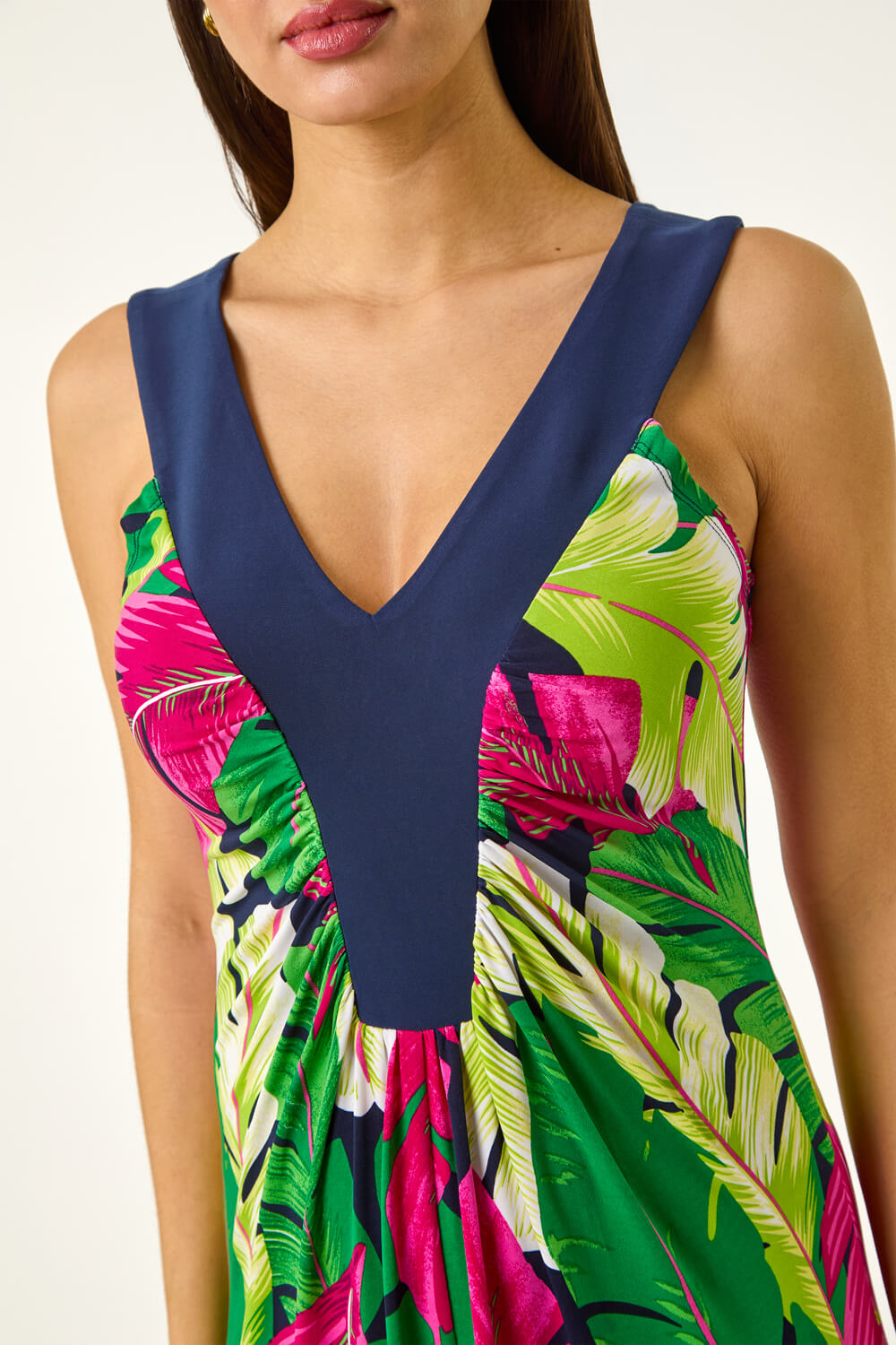 Green Leaf Print Contrast Band Maxi Dress, Image 6 of 5
