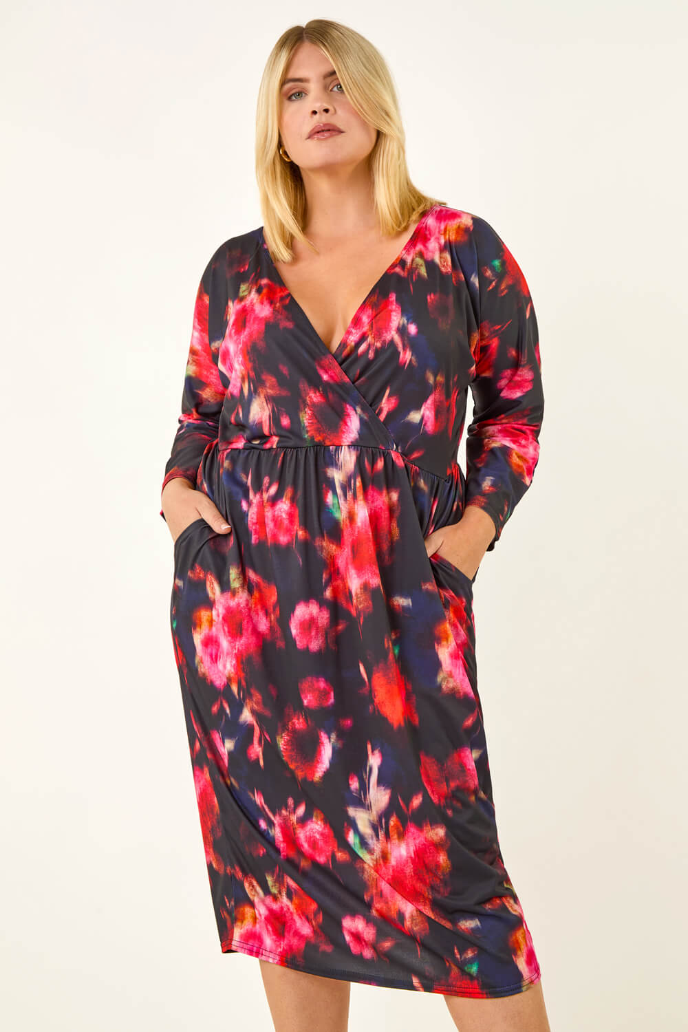 Red Curve Floral Print Mesh Midi Dress, Image 3 of 8